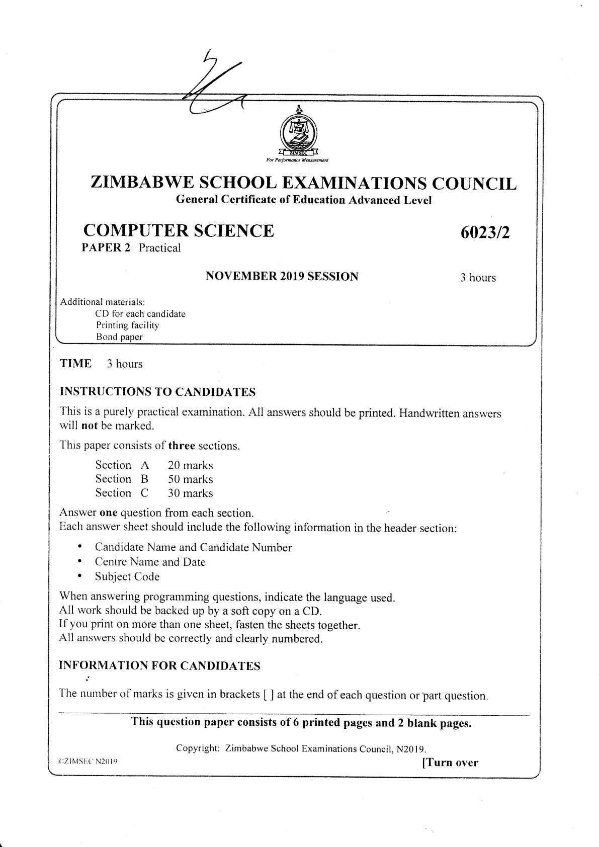 First page of ZIMSEC O-Level Computer Science Paper 2 November 2019 Question Paper