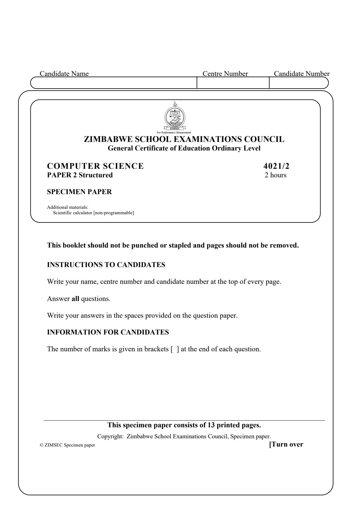 First page of ZIMSEC O-Level Computer Science Paper 2 Question Paper