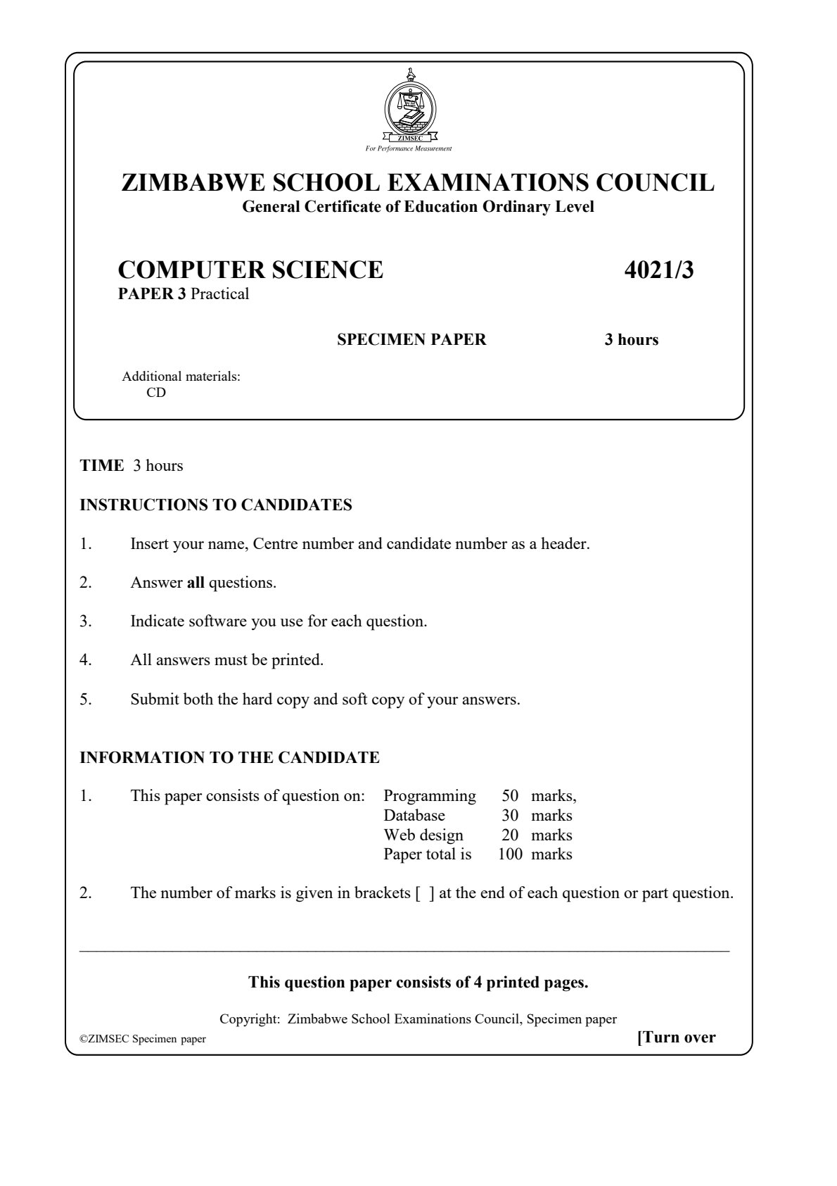 First page of ZIMSEC O-Level Computer Science Paper 3 2018 Question Paper