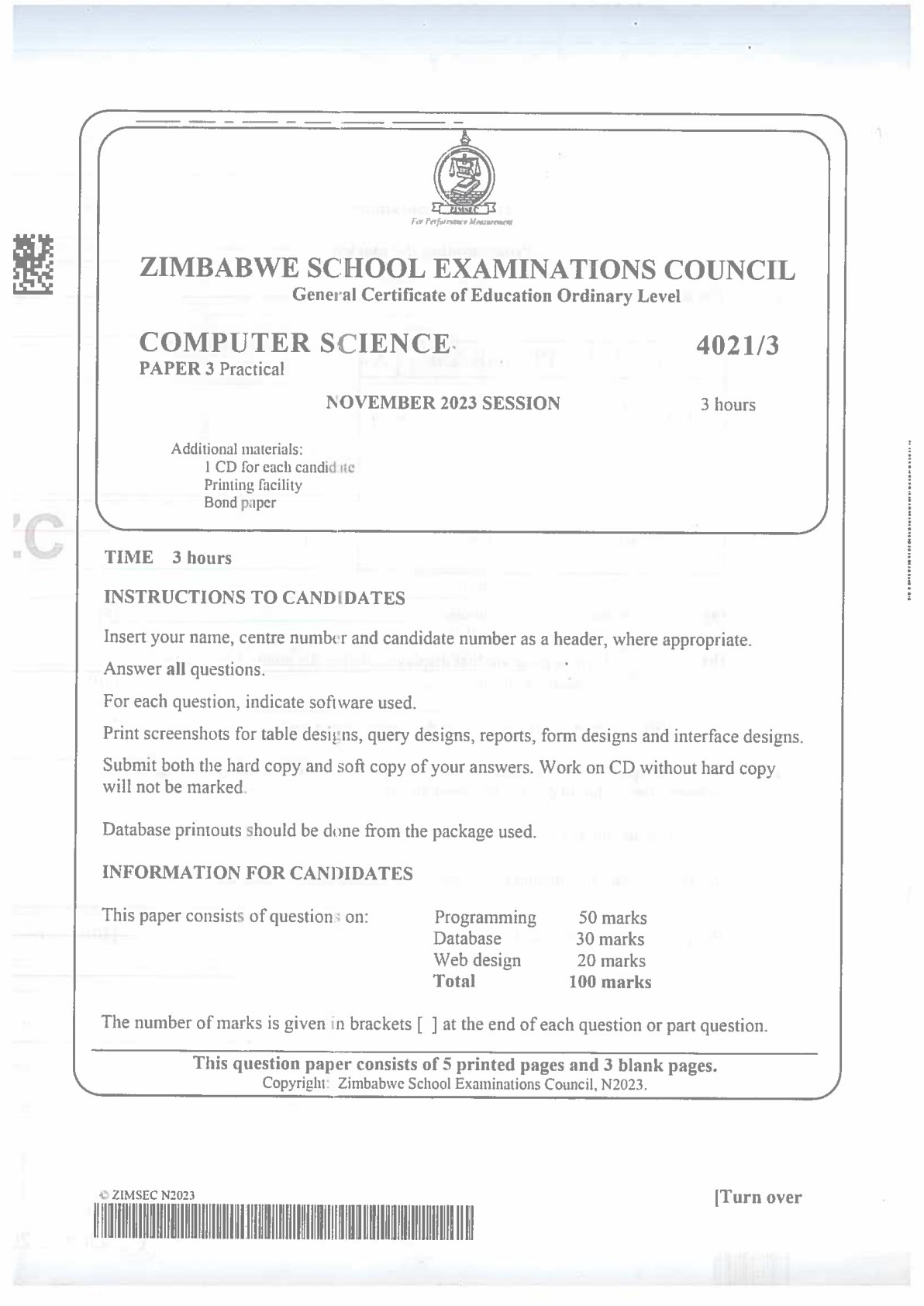 First page of ZIMSEC O-Level Computer Science Paper 3 November 2023 Question Paper
