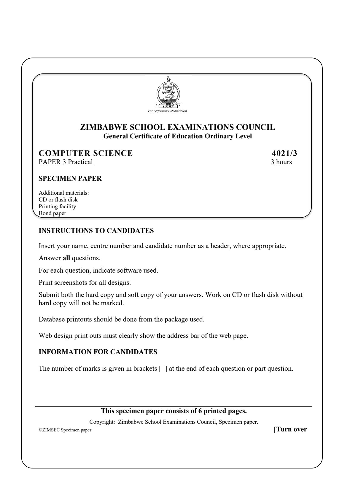 First page of ZIMSEC O-Level Computer Science Paper 3 Question Paper