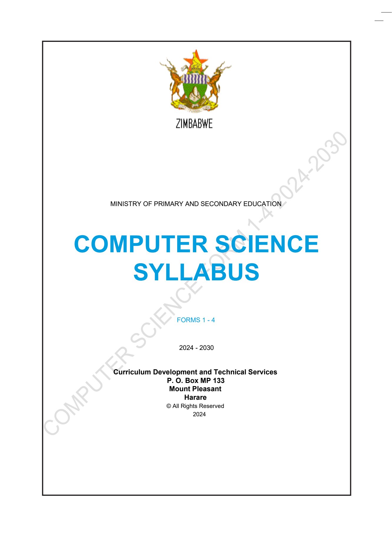 First page of ZIMSEC O-Level Computer Science Syllabus