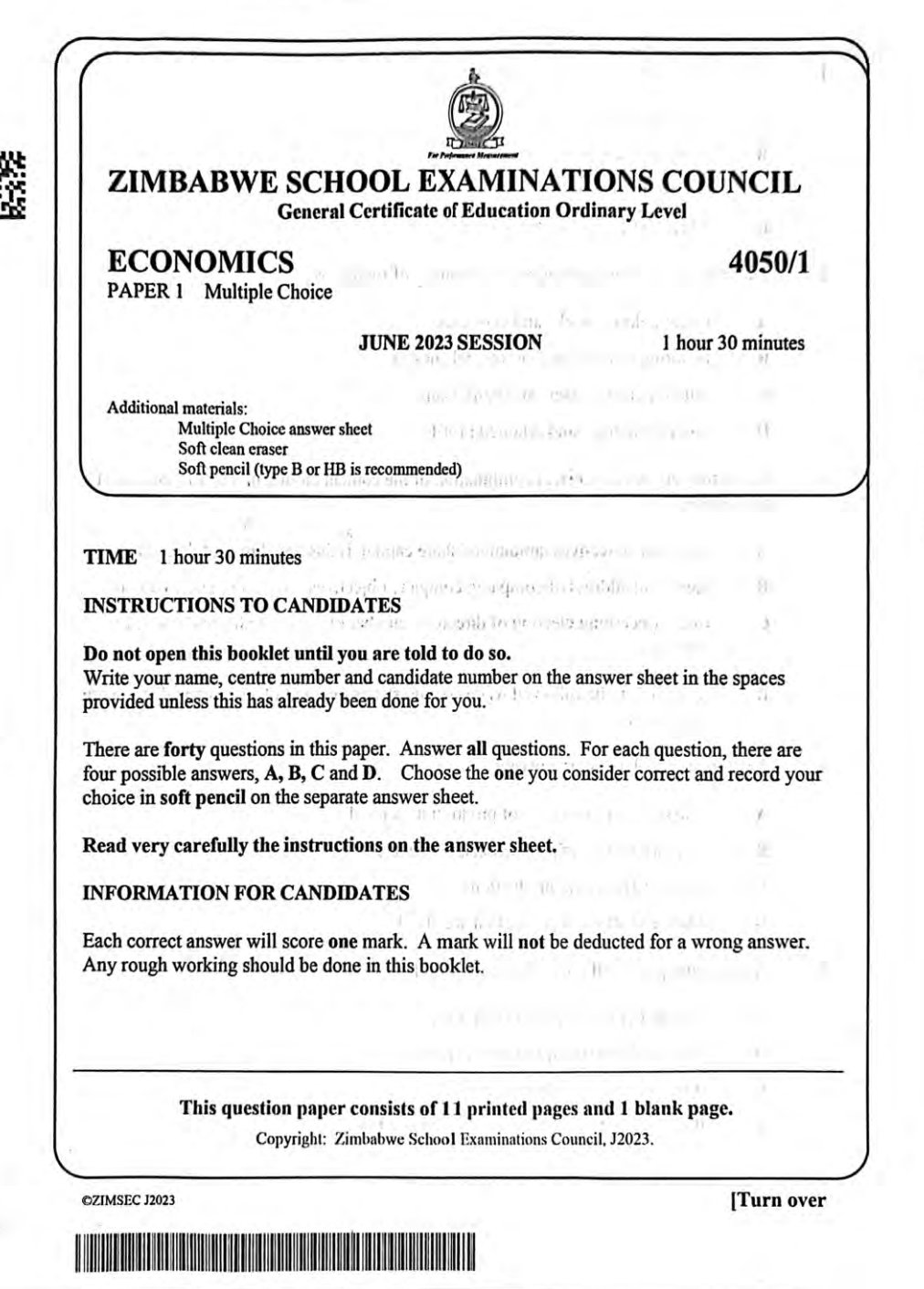 First page of ZIMSEC O-Level Economics Paper 1 June 2023 Question Paper