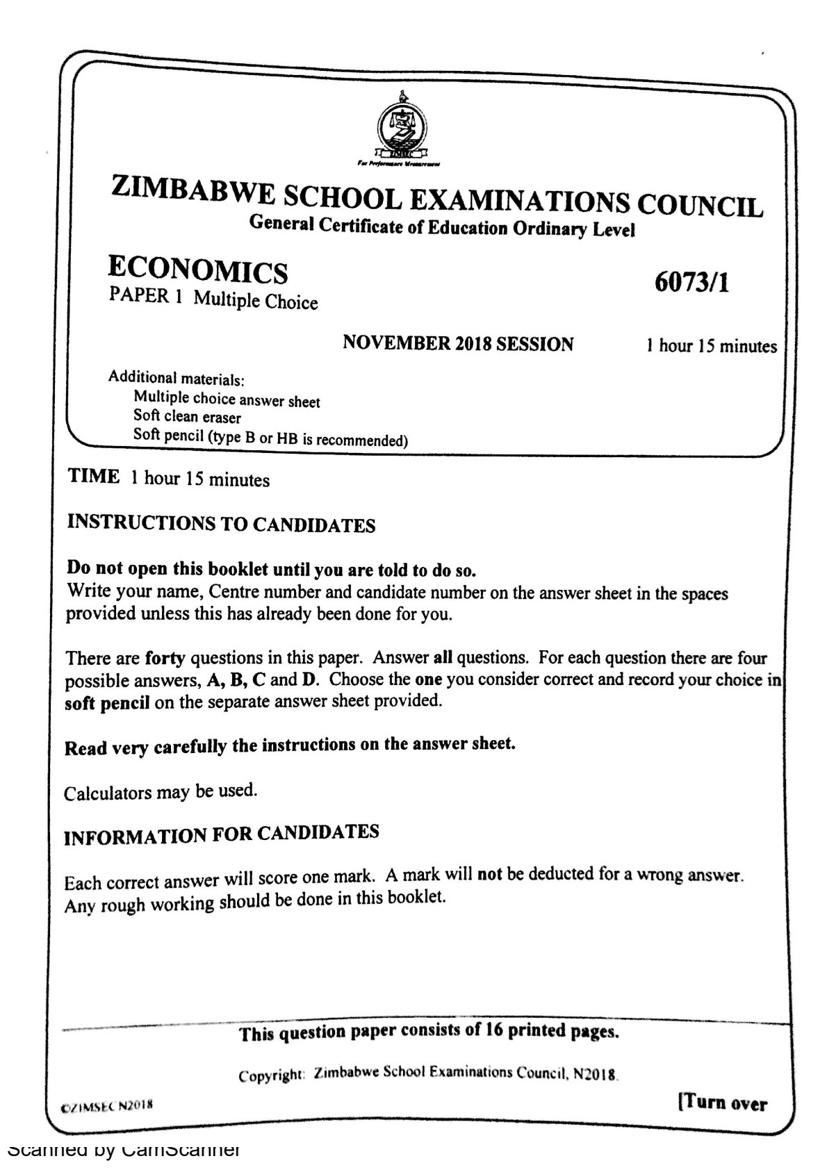 First page of ZIMSEC O-Level Economics Paper 1 November 2018 Question Paper