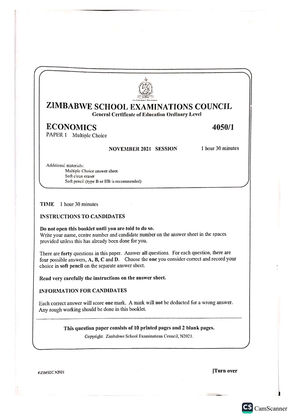 First page of ZIMSEC O-Level Economics Paper 1 November 2021 Question Paper
