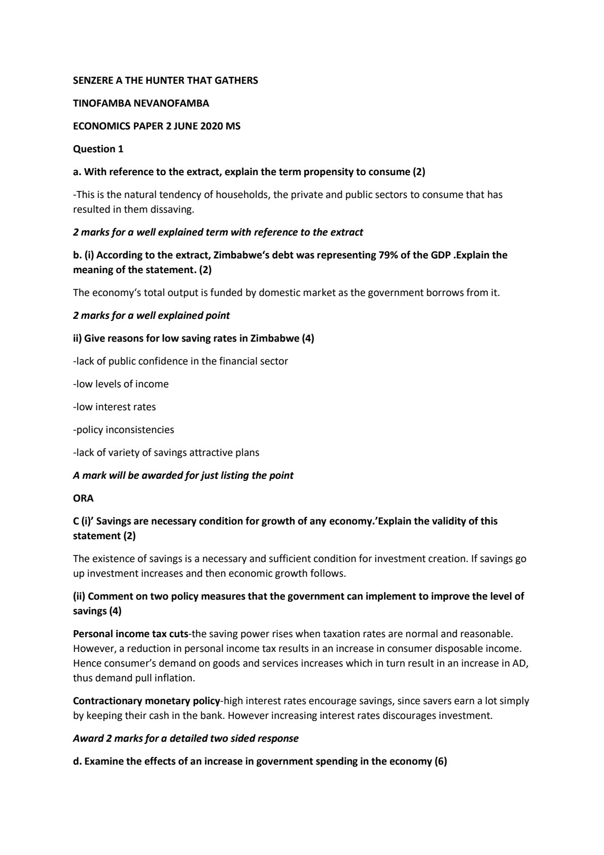 First page of ZIMSEC O-Level Economics Paper 2 June 2020 Marking Scheme