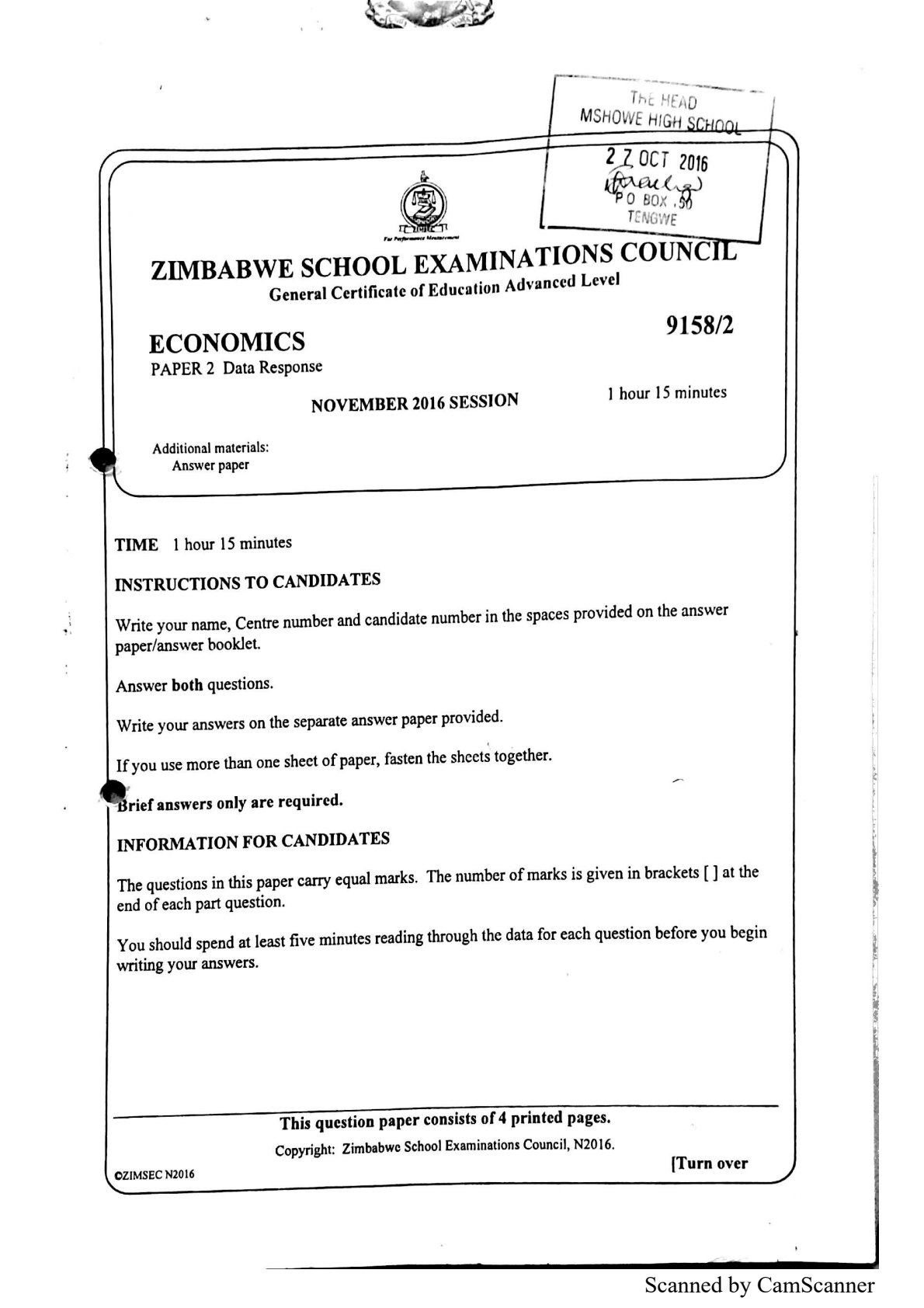 First page of ZIMSEC O-Level Economics Paper 2 November 2016 Question Paper