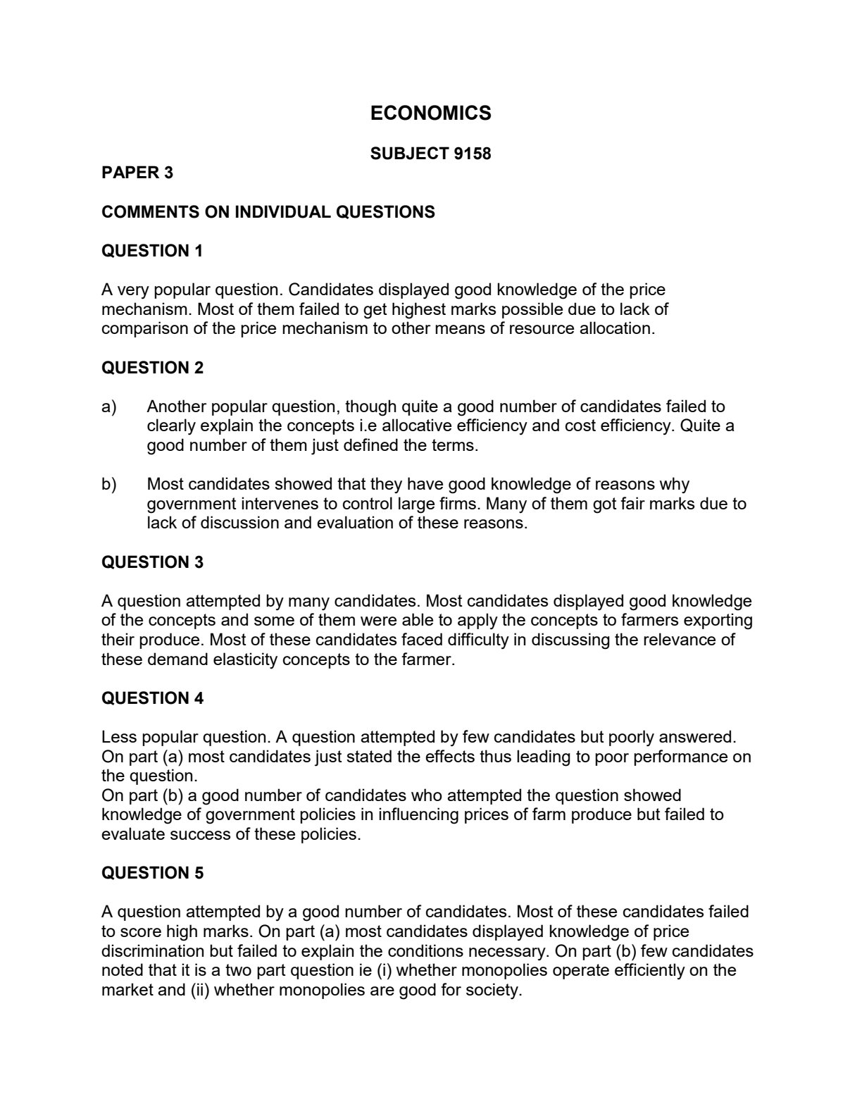 First page of ZIMSEC O-Level Economics Paper 3 November 2009 Marking Scheme