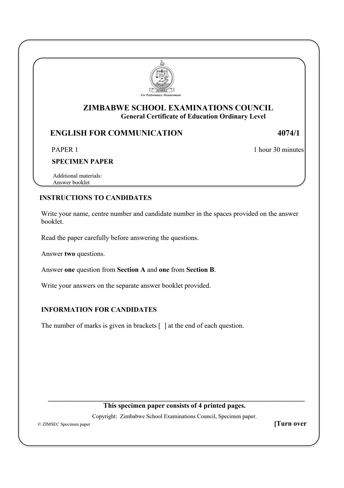 First page of ZIMSEC O-Level English for Communication Paper 1 Question Paper