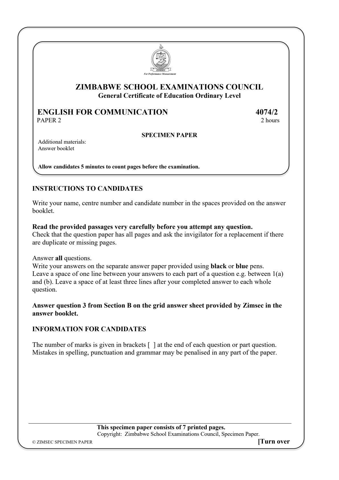 First page of ZIMSEC O-Level English for Communication Paper 2 Question Paper