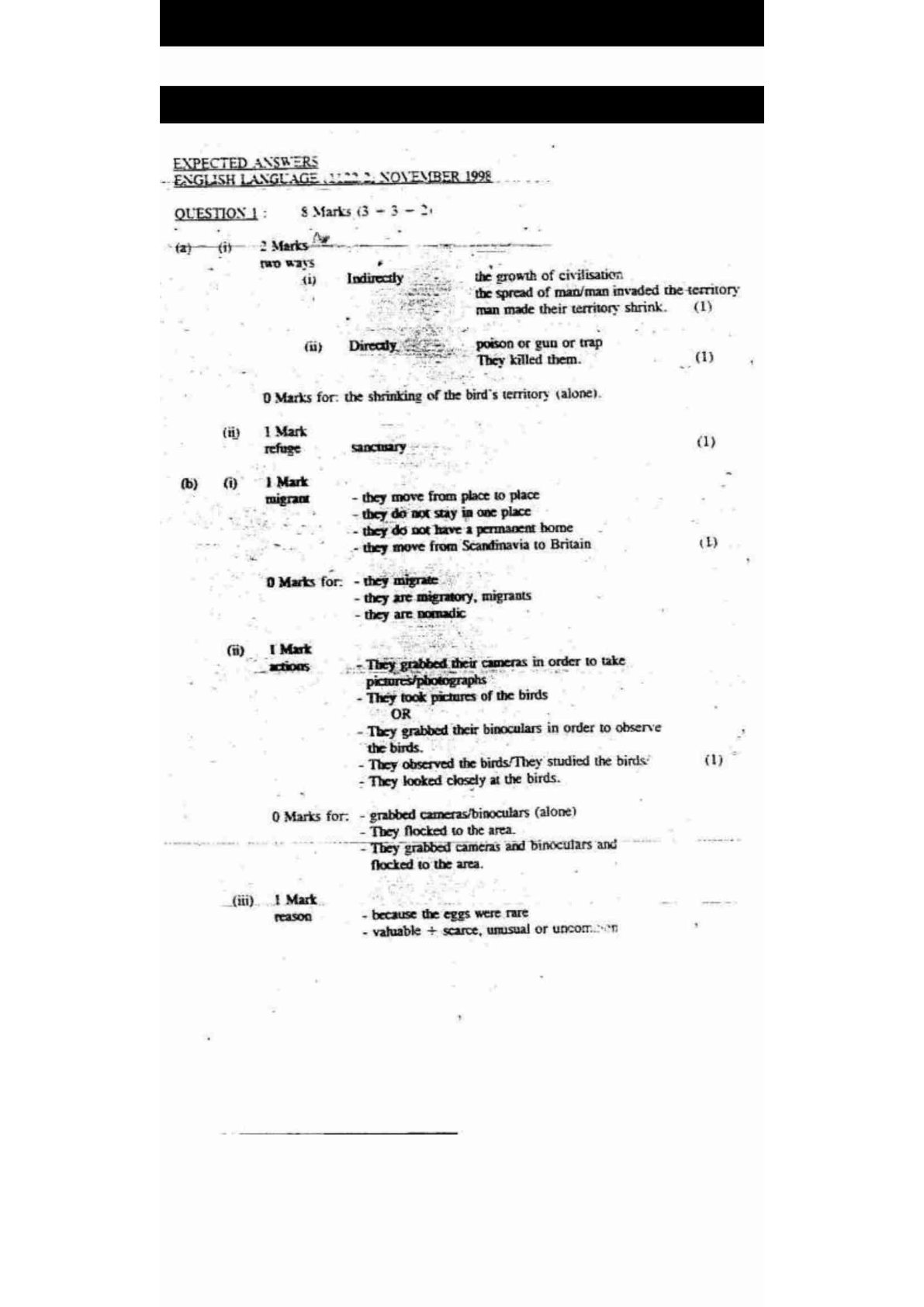 First page of ZIMSEC O-Level English Language November 1998 Marking Scheme