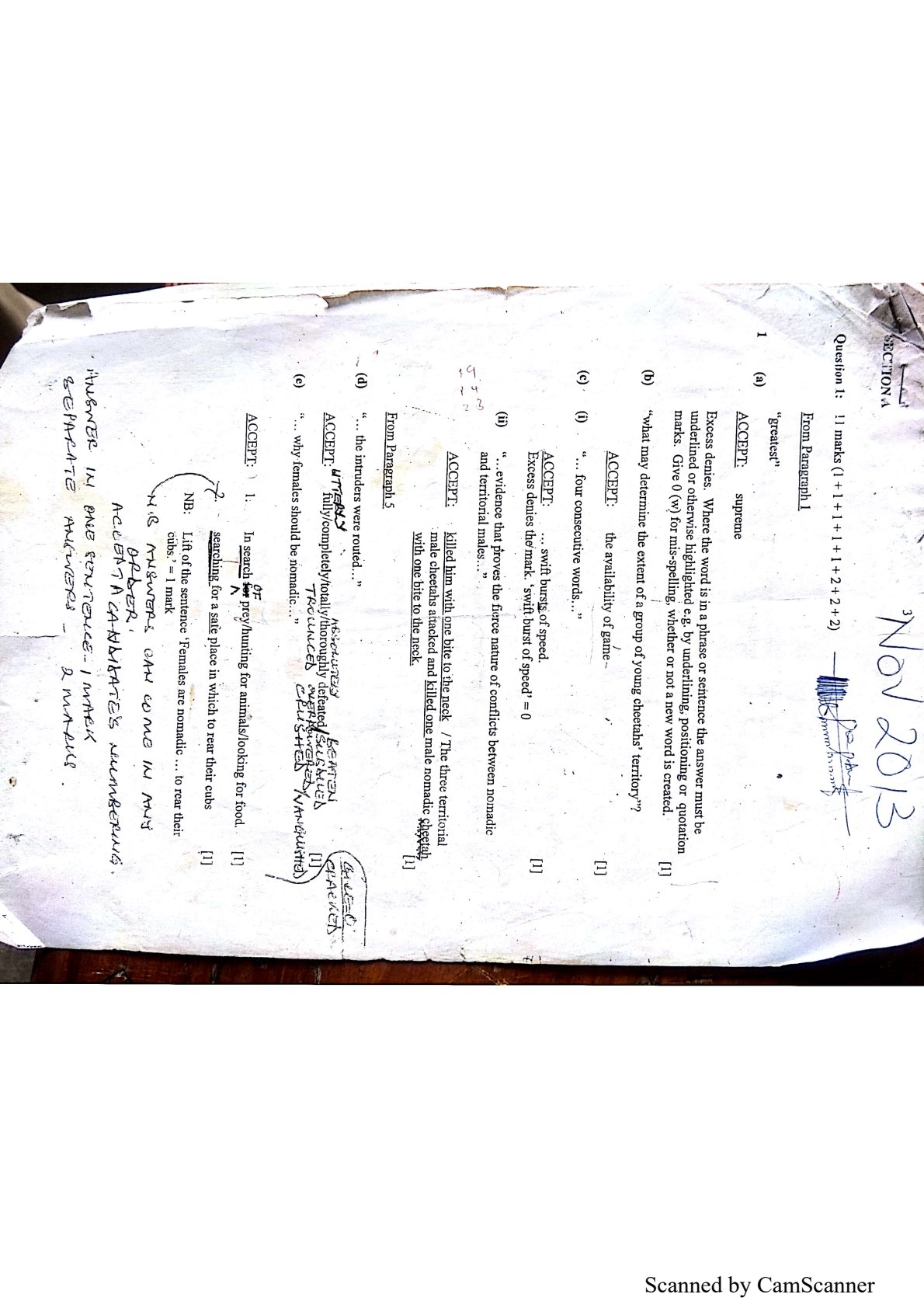 First page of ZIMSEC O-Level English Language November 2013 Marking Scheme