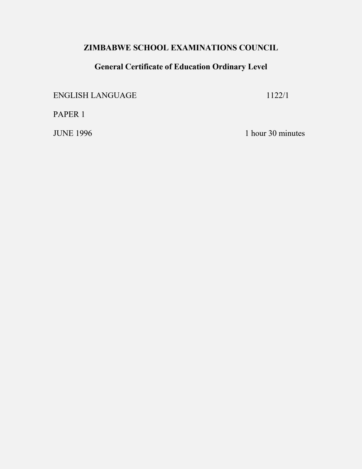 First page of ZIMSEC O-Level English Language Paper 1 June 1996 Question Paper
