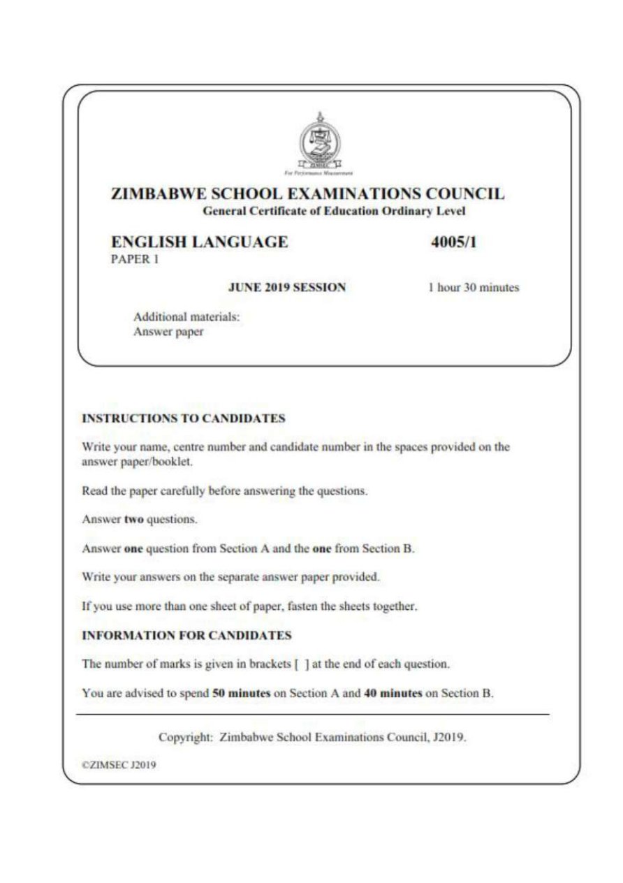First page of ZIMSEC O-Level English Language Paper 1 June 2019 Question Paper