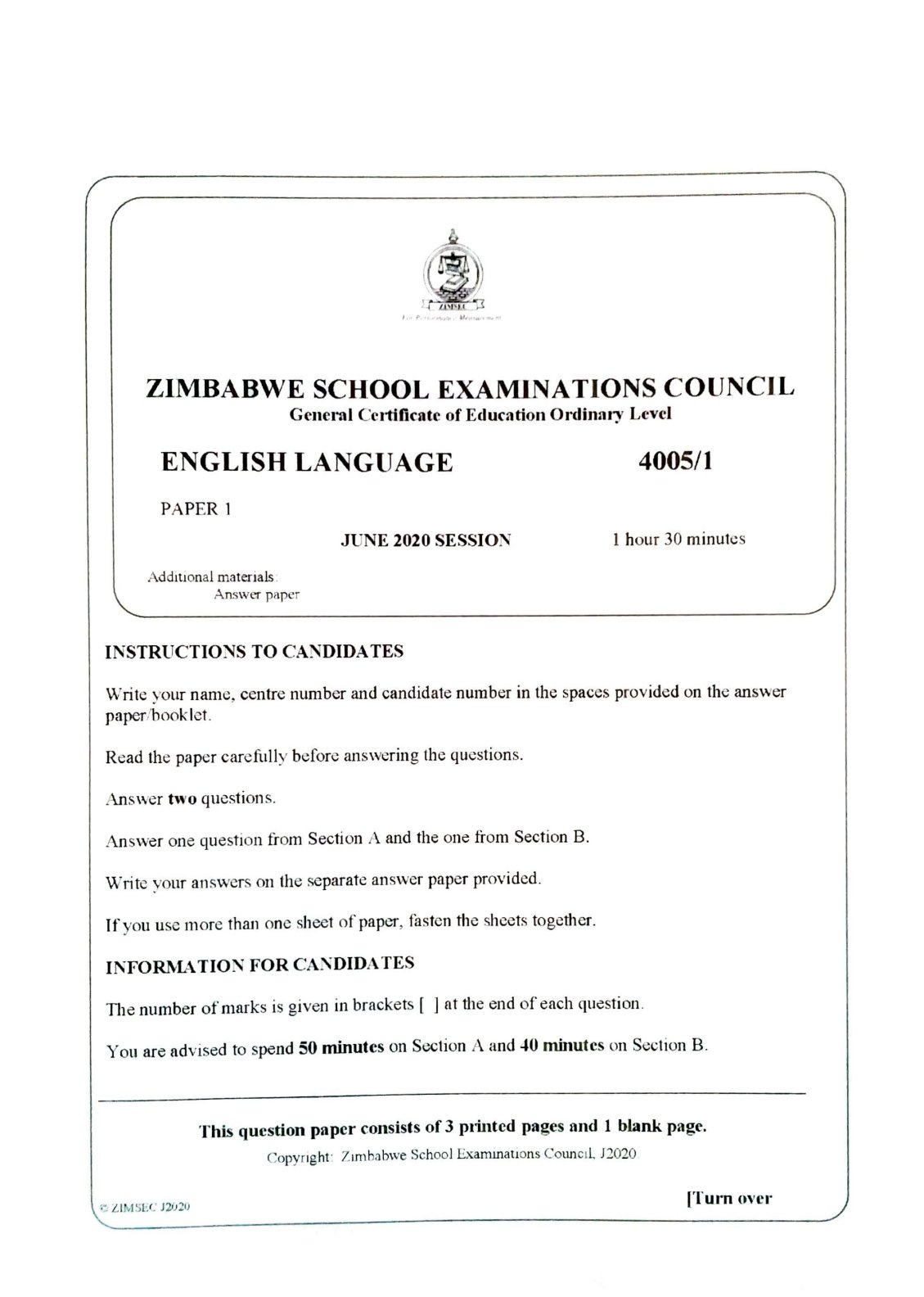 First page of ZIMSEC O-Level English Language Paper 1 June 2020 Question Paper
