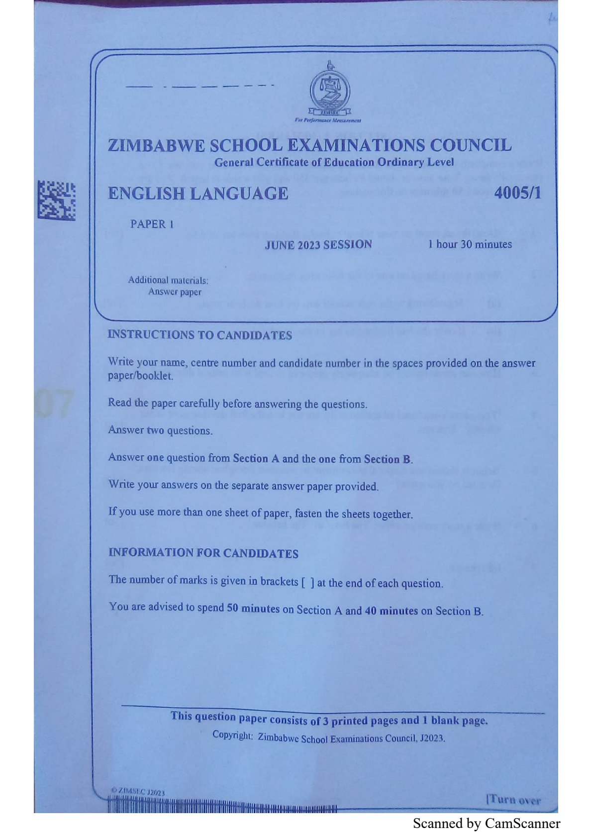 First page of ZIMSEC O-Level English Language Paper 1 June 2023 Question Paper