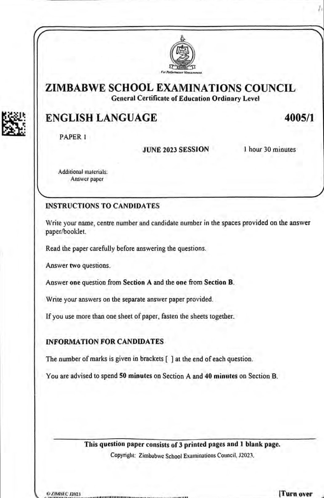 First page of ZIMSEC O-Level English Language Paper 1 June 2023 Question Paper