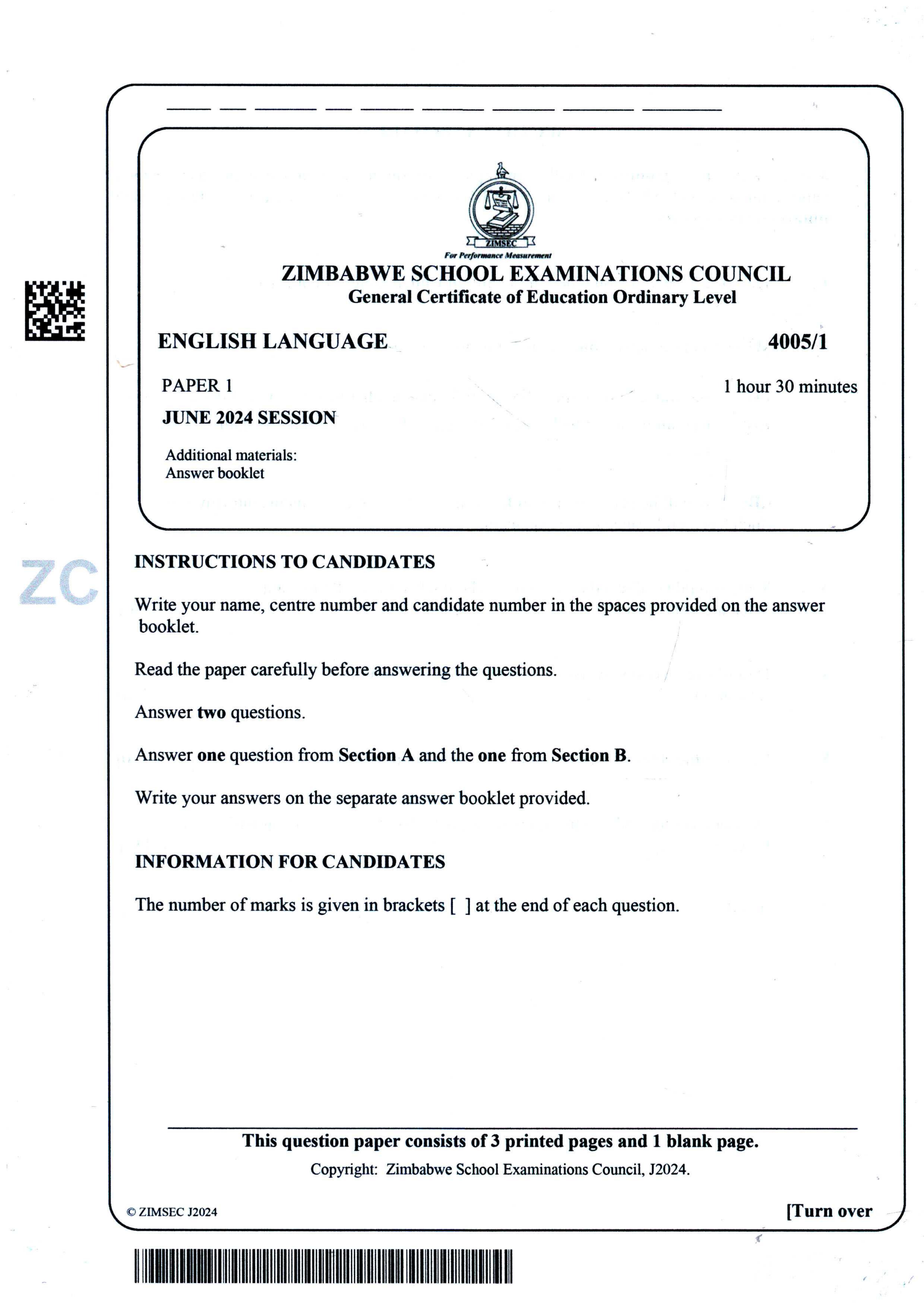 First page of ZIMSEC O-Level English Language Paper 1 June 2024 Question Paper