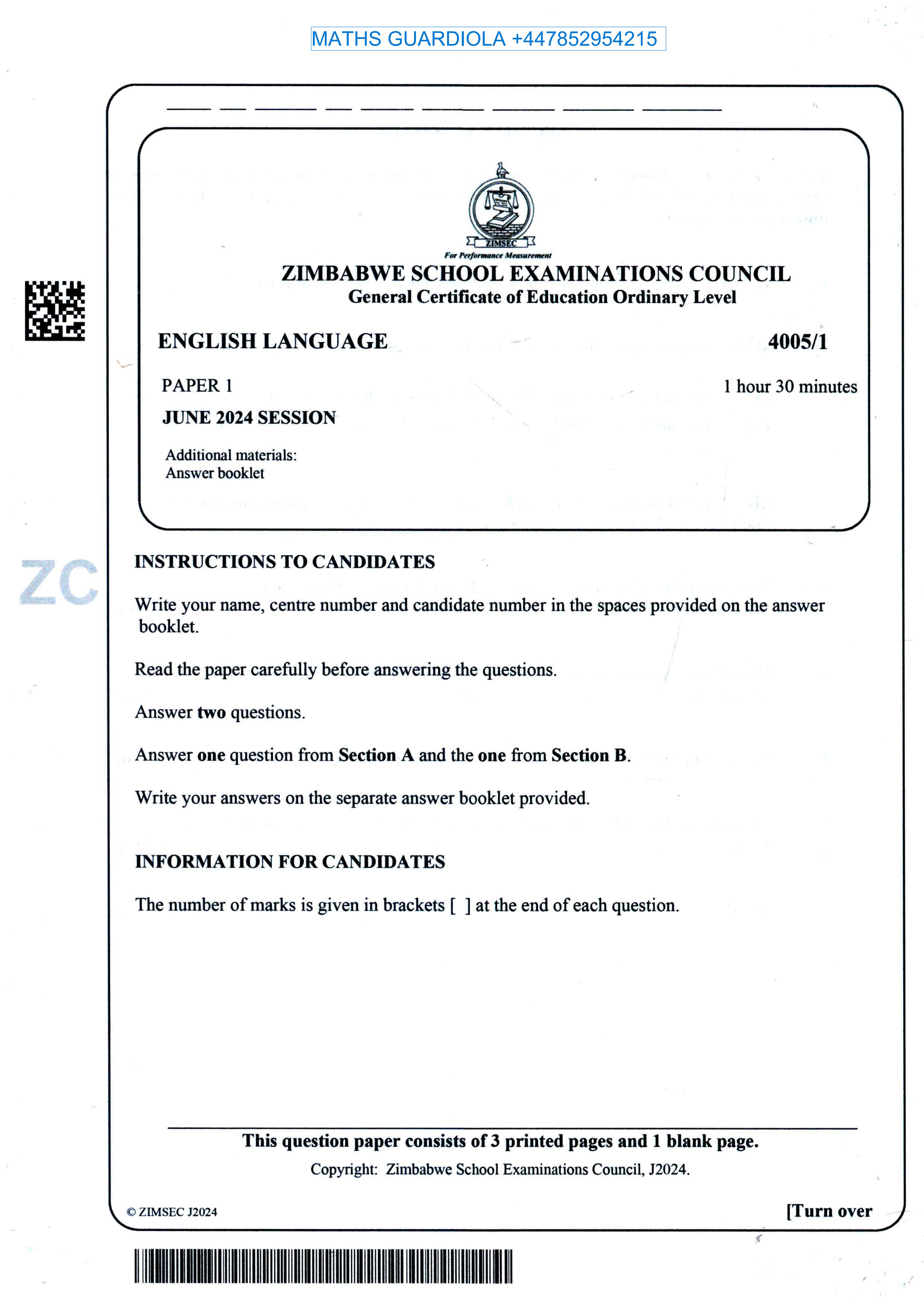 First page of ZIMSEC O-Level English Language Paper 1 June 2024 Question Paper