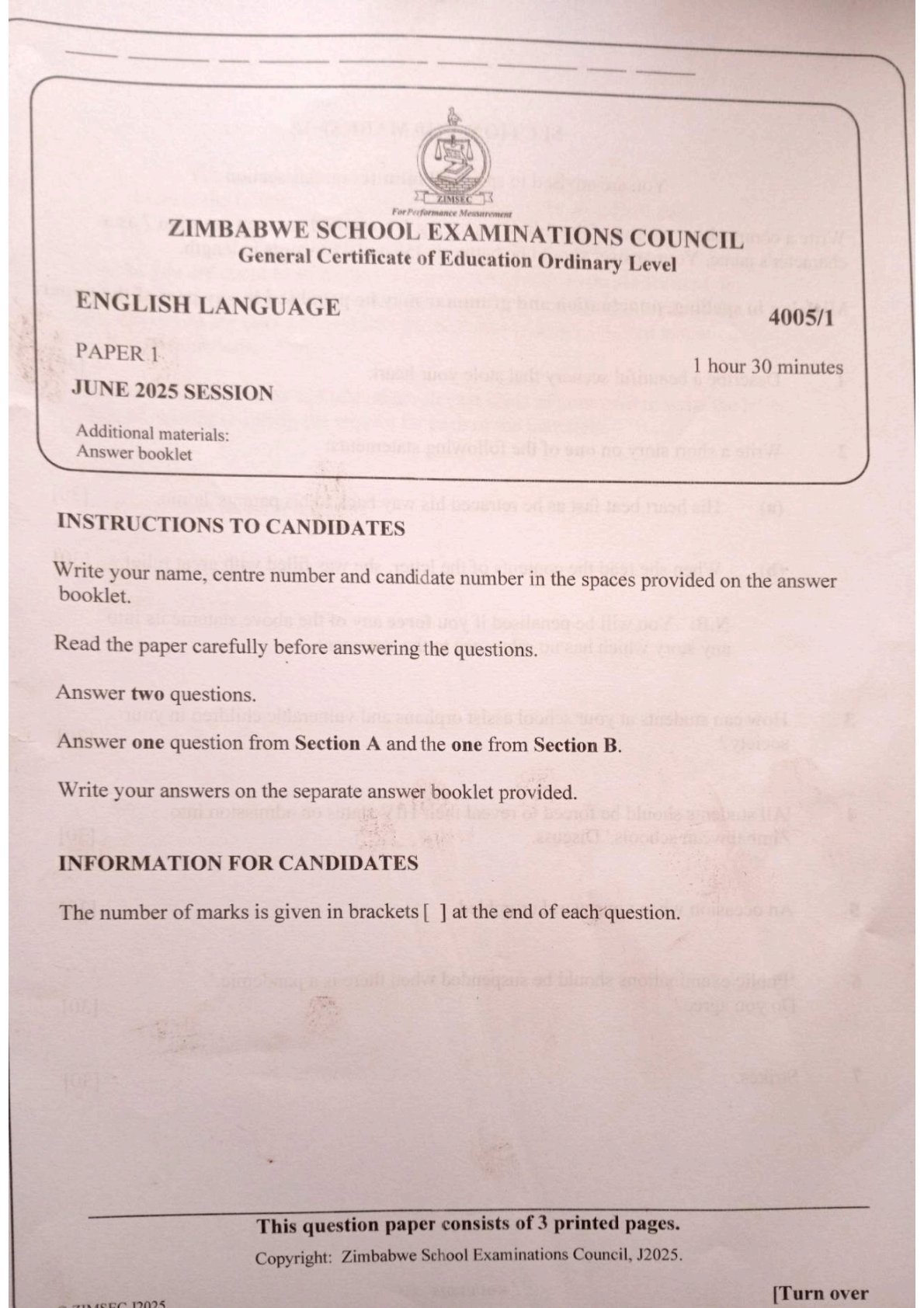 First page of ZIMSEC O-Level English Language Paper 1 June 2025 Question Paper
