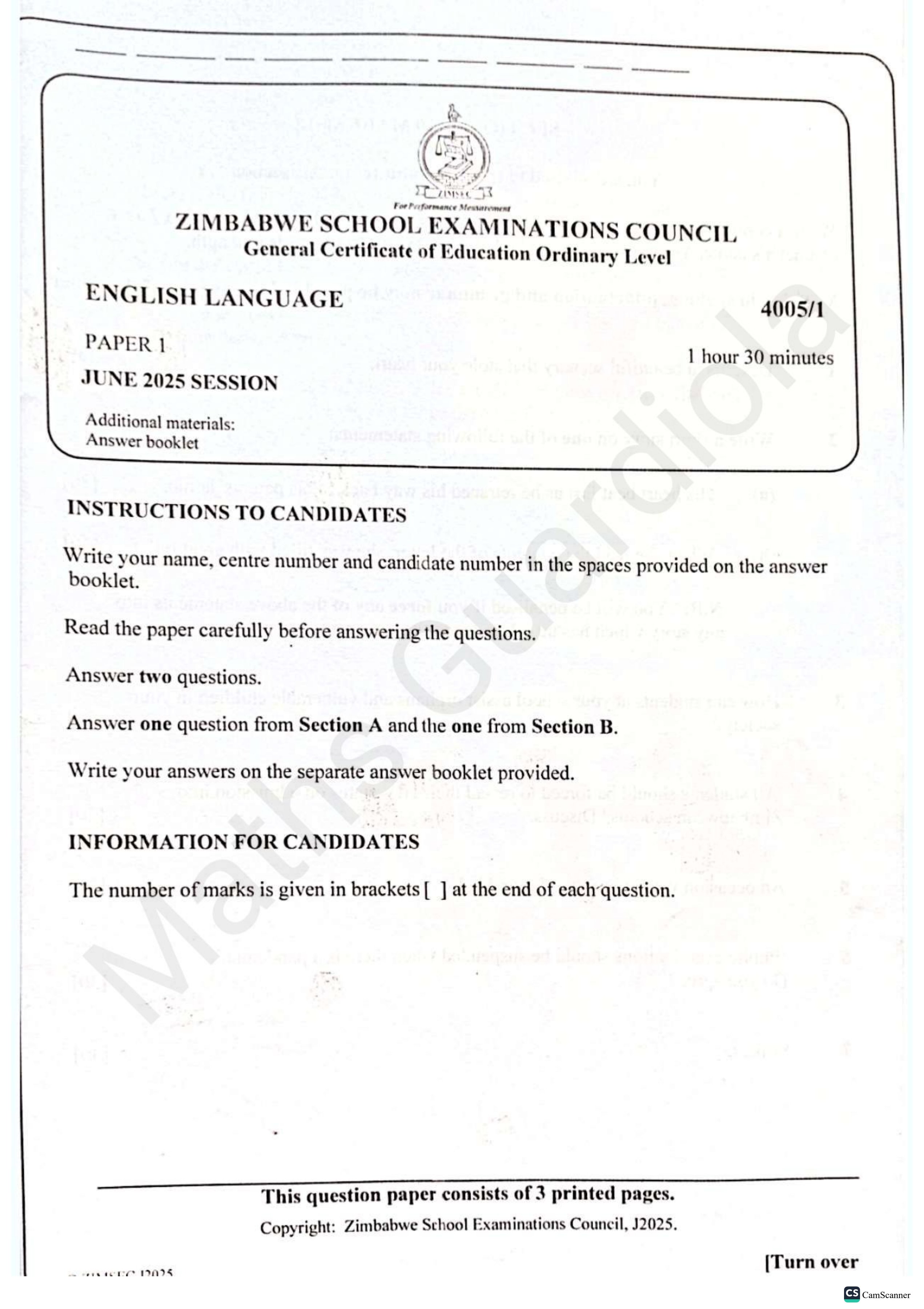 First page of ZIMSEC O-Level English Language Paper 1 June 2025 Question Paper