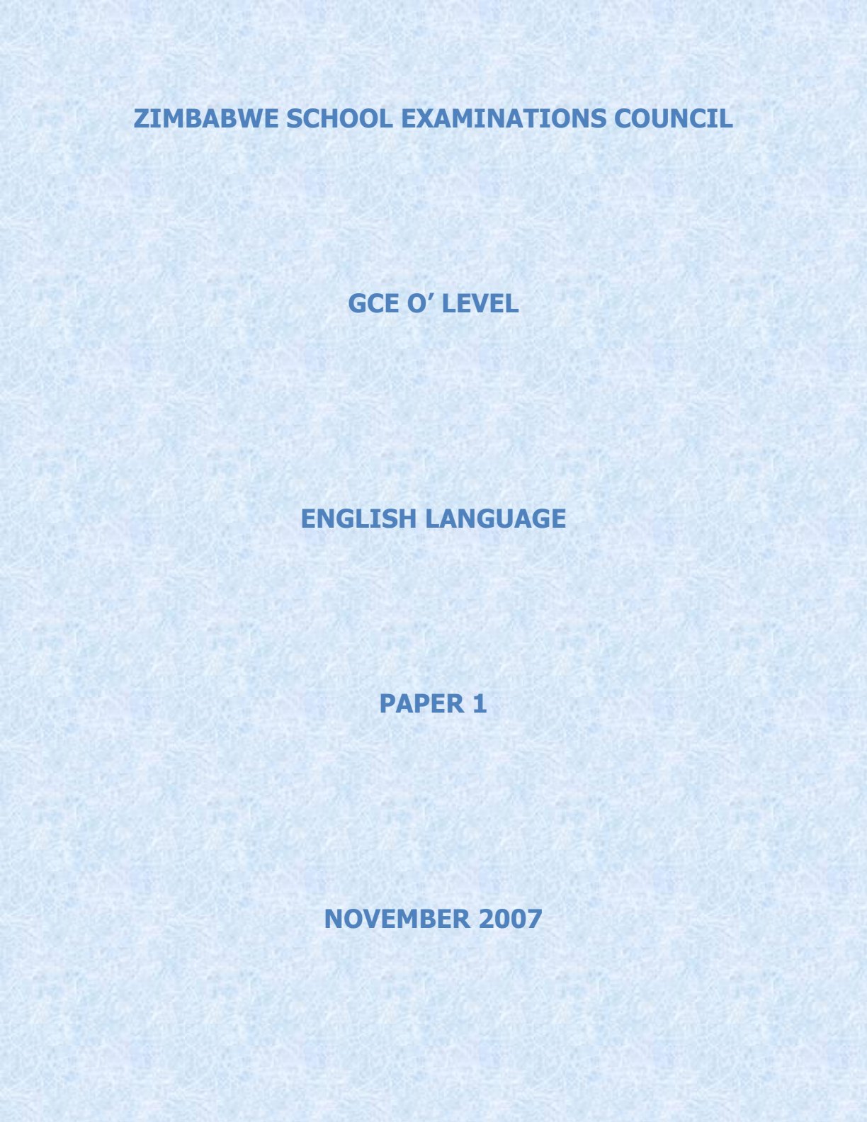 First page of ZIMSEC O-Level English Language Paper 1 November 2007 Question Paper