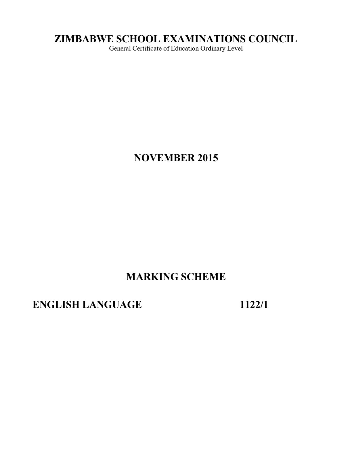 First page of ZIMSEC O-Level English Language Paper 1 November 2015 Marking Scheme