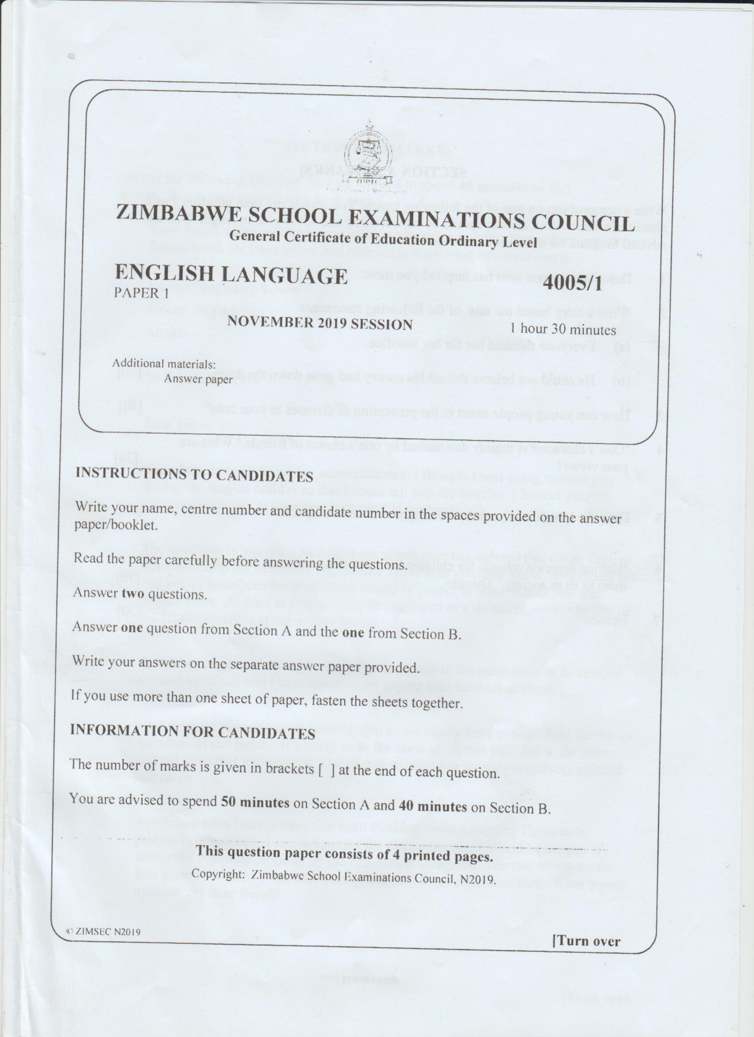 First page of ZIMSEC O-Level English Language Paper 1 November 2019 Question Paper