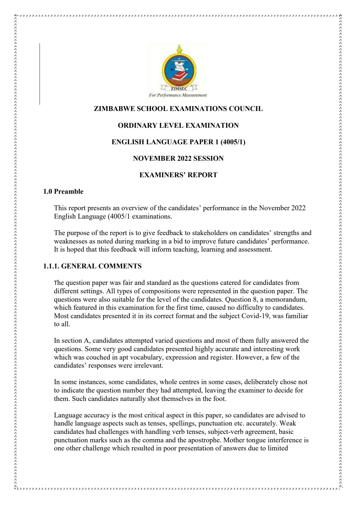 First page of ZIMSEC O-Level English Language Paper 1 November 2022 Marking Scheme