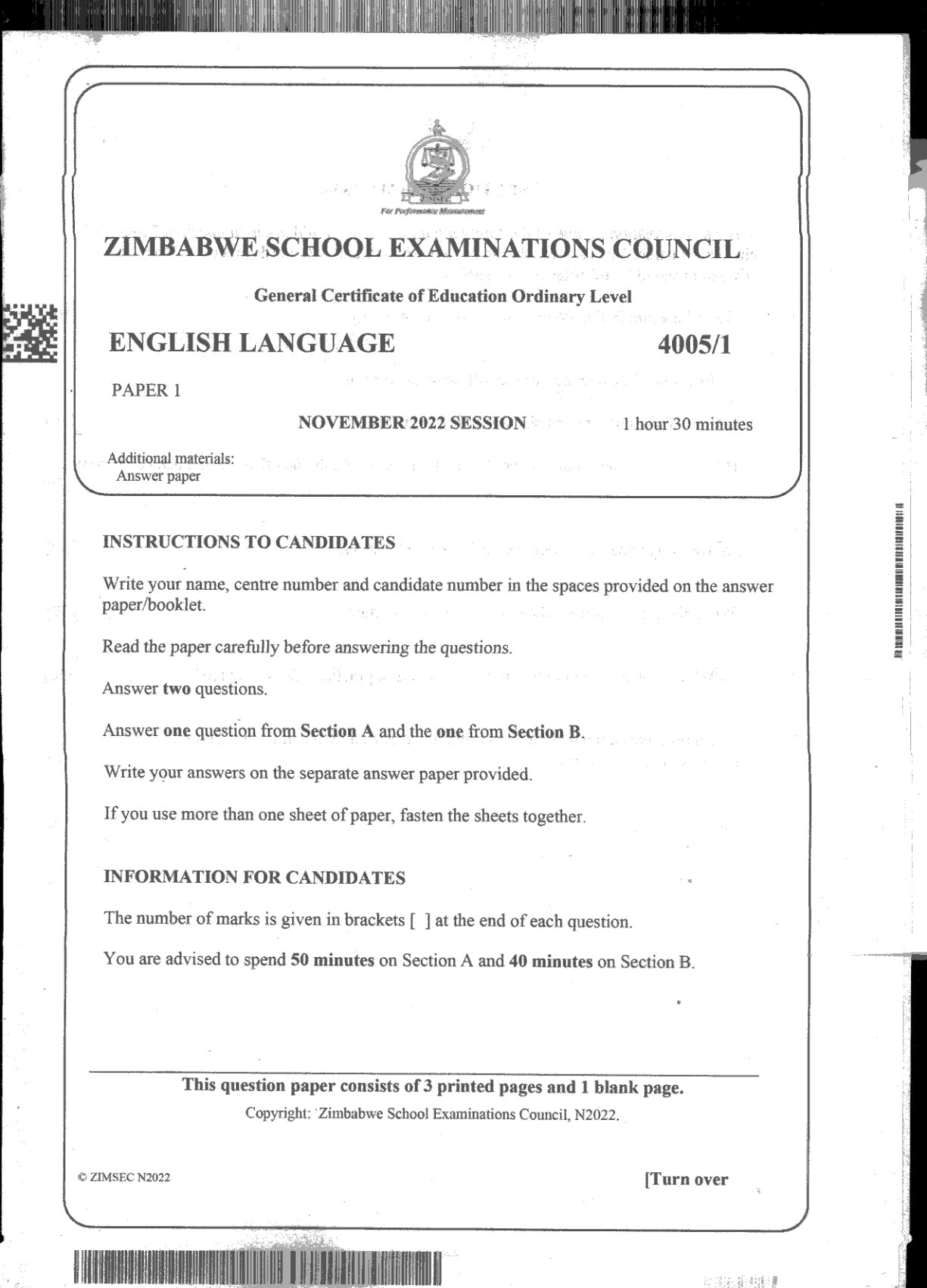 First page of ZIMSEC O-Level English Language Paper 1 November 2022 Question Paper