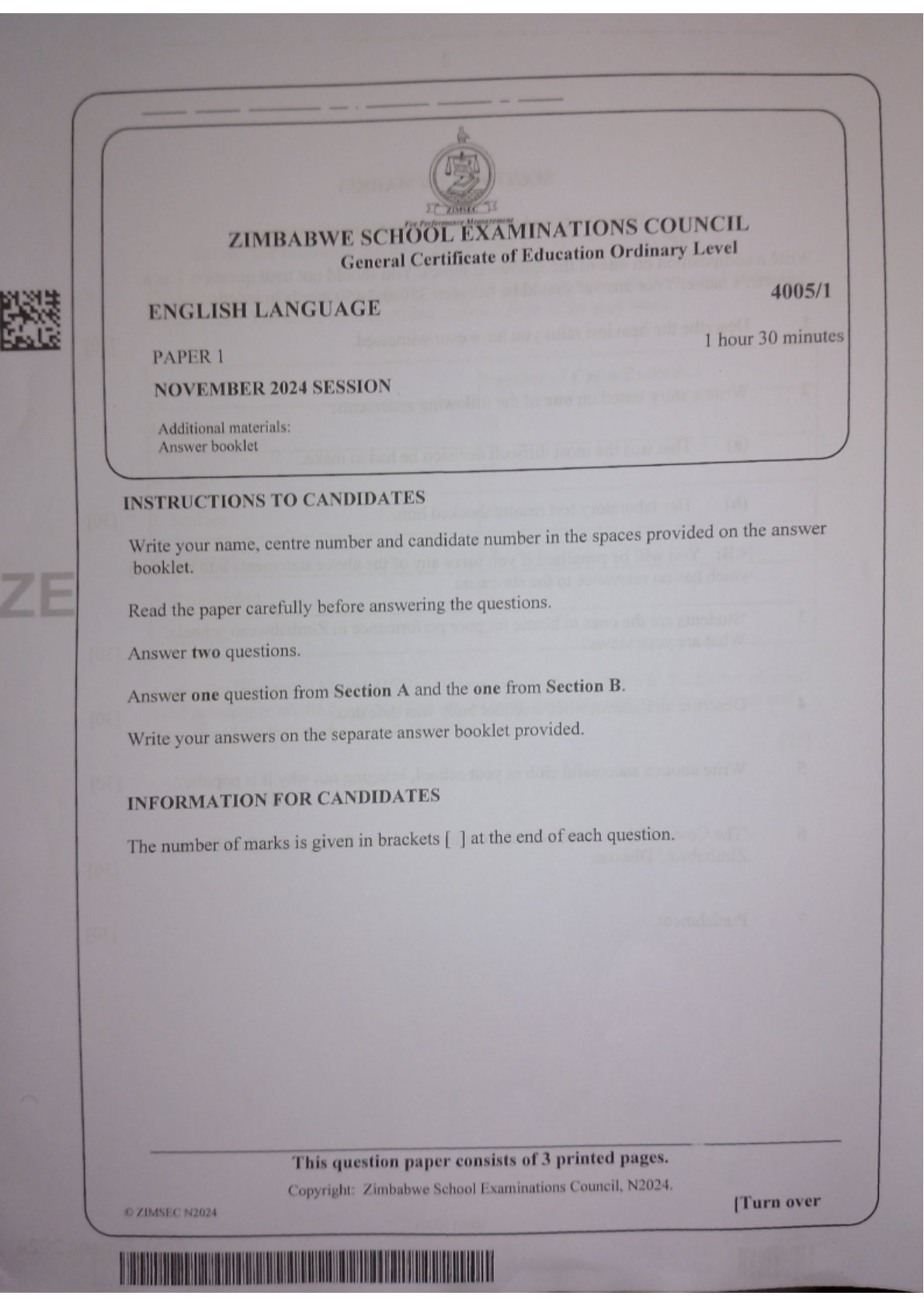 First page of ZIMSEC O-Level English Language Paper 1 November 2024 Question Paper