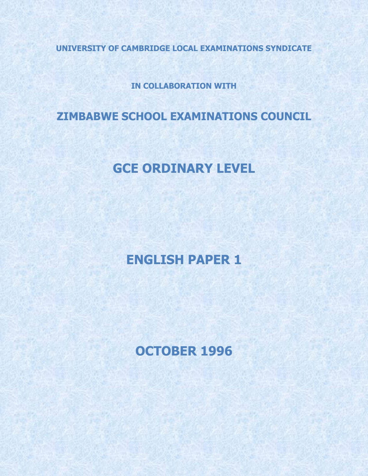 First page of ZIMSEC O-Level English Language Paper 1 October 1996 Question Paper