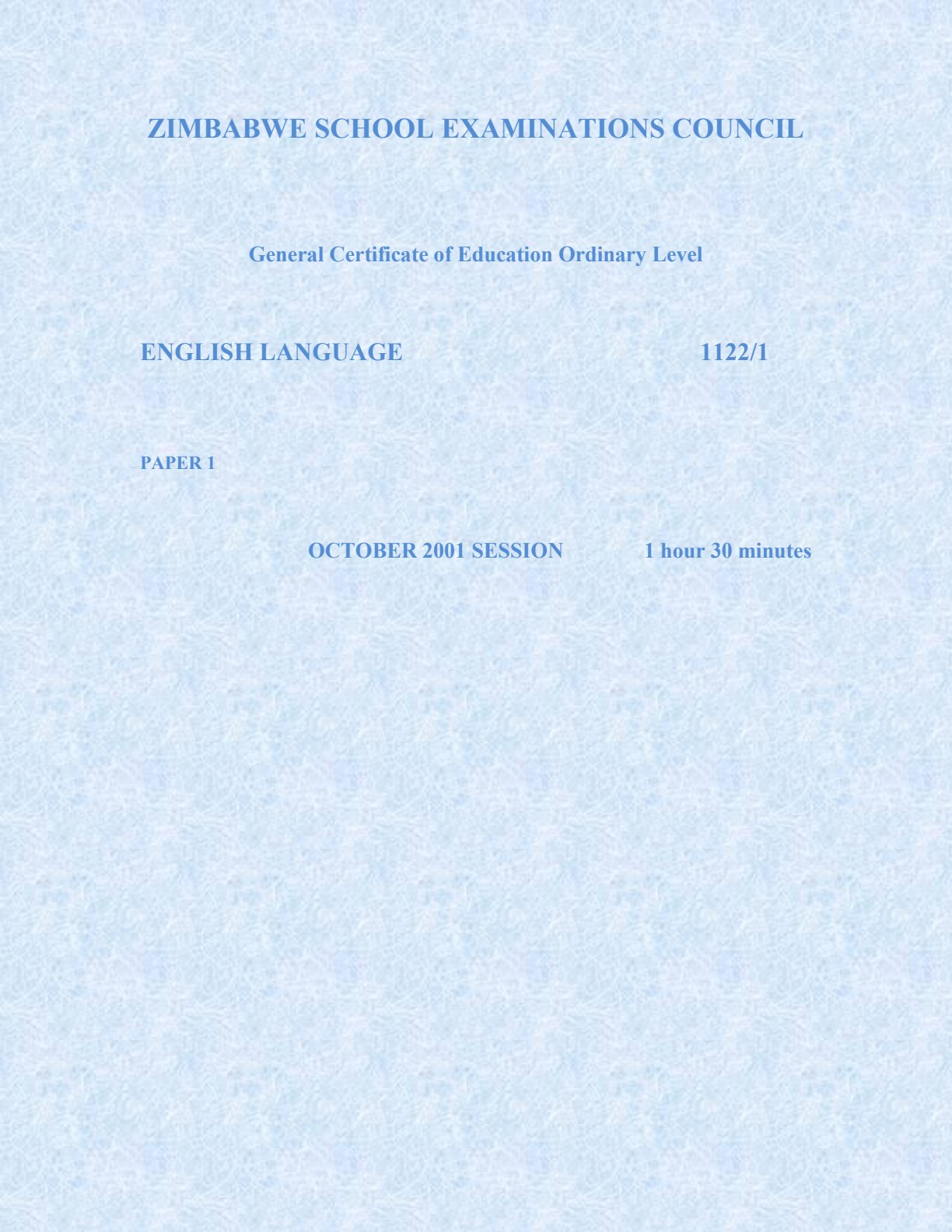 First page of ZIMSEC O-Level English Language Paper 1 October 2001 Question Paper