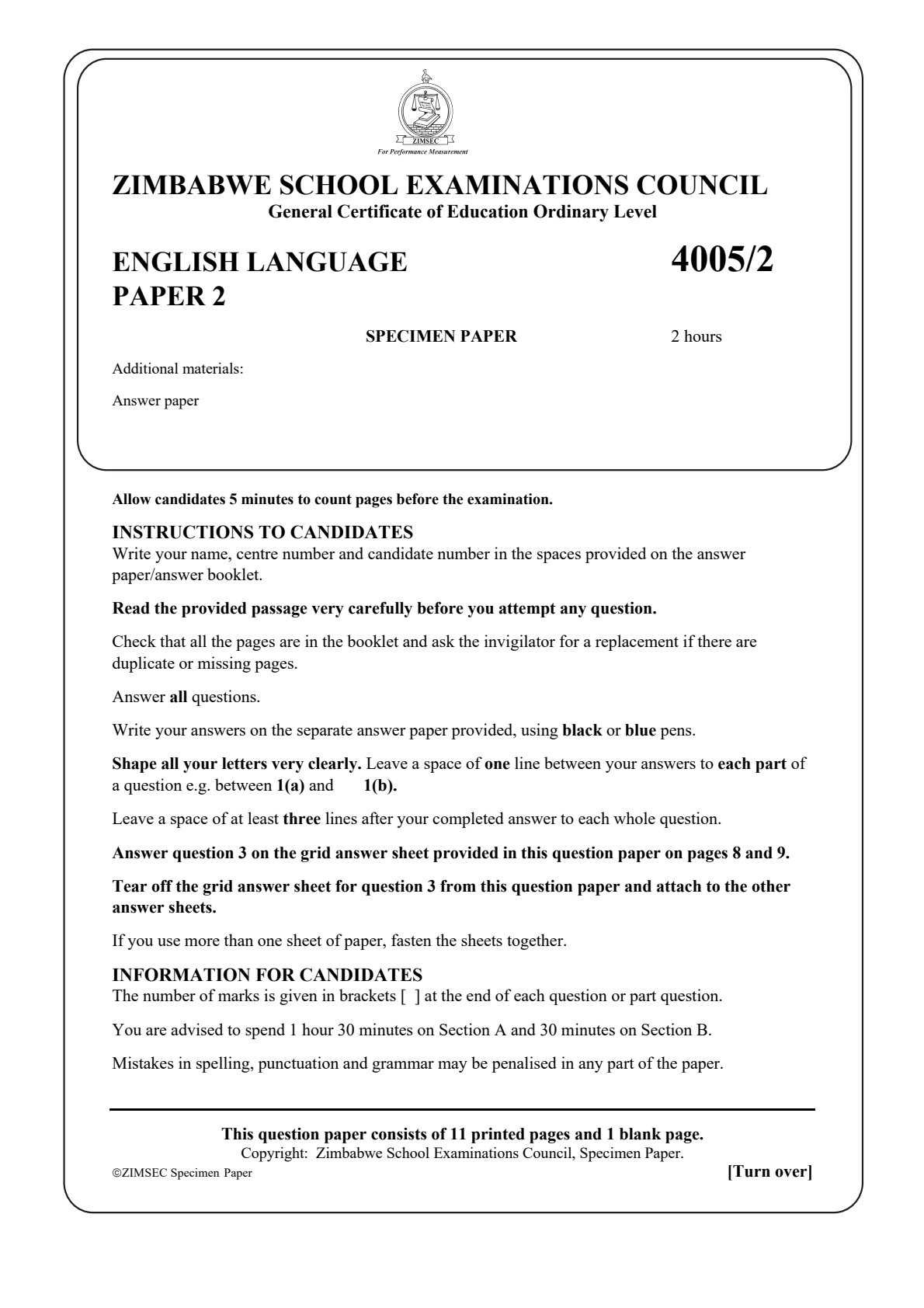 First page of ZIMSEC O-Level English Language Paper 2 2020 Question Paper
