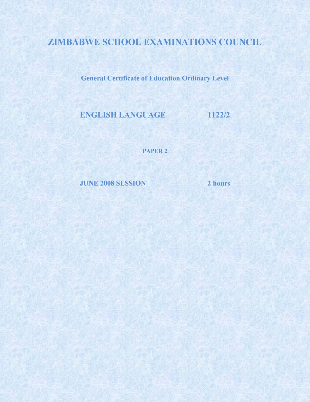 First page of ZIMSEC O-Level English Language Paper 2 June 2008 Question Paper