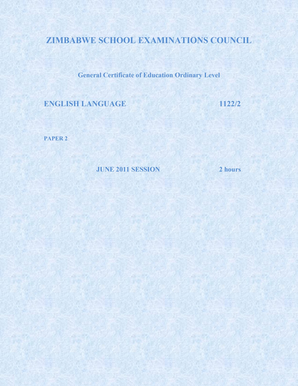 First page of ZIMSEC O-Level English Language Paper 2 June 2011 Question Paper