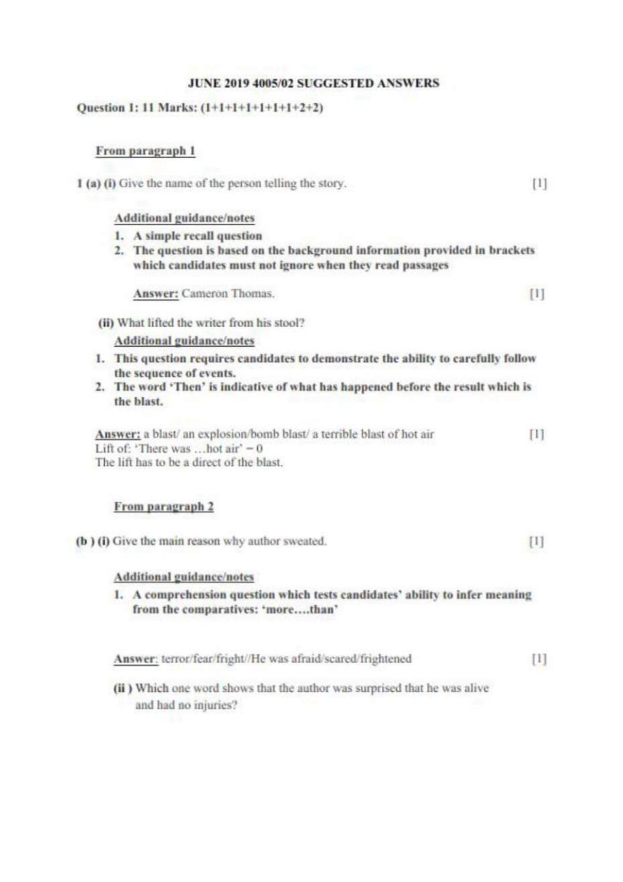 First page of ZIMSEC O-Level English Language Paper 2 June 2019 Marking Scheme