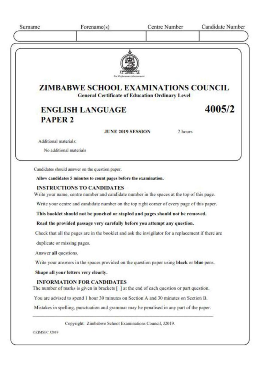 First page of ZIMSEC O-Level English Language Paper 2 June 2019 Question Paper