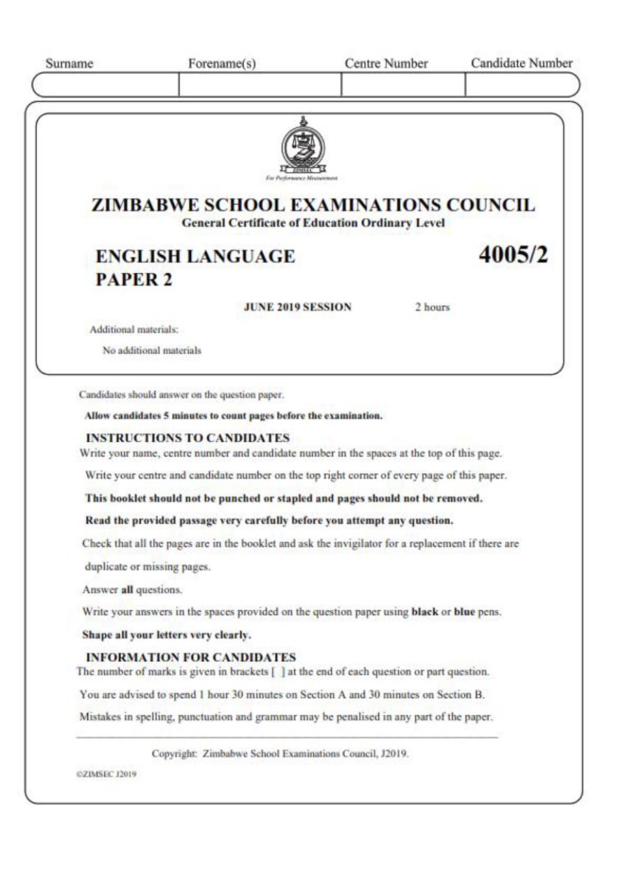 First page of ZIMSEC O-Level English Language Paper 2 June 2019 Question Paper