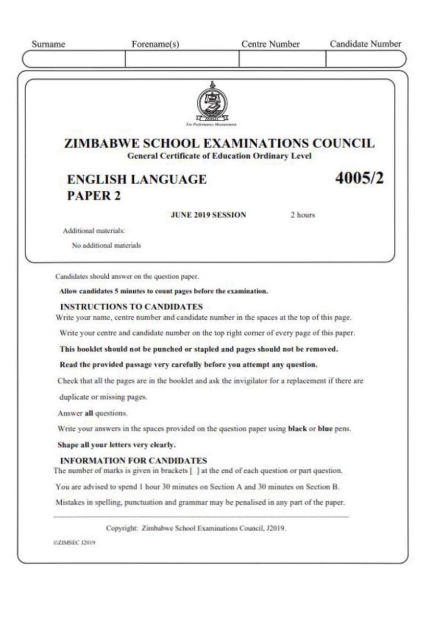 First page of ZIMSEC O-Level English Language Paper 2 June 2019 Question Paper