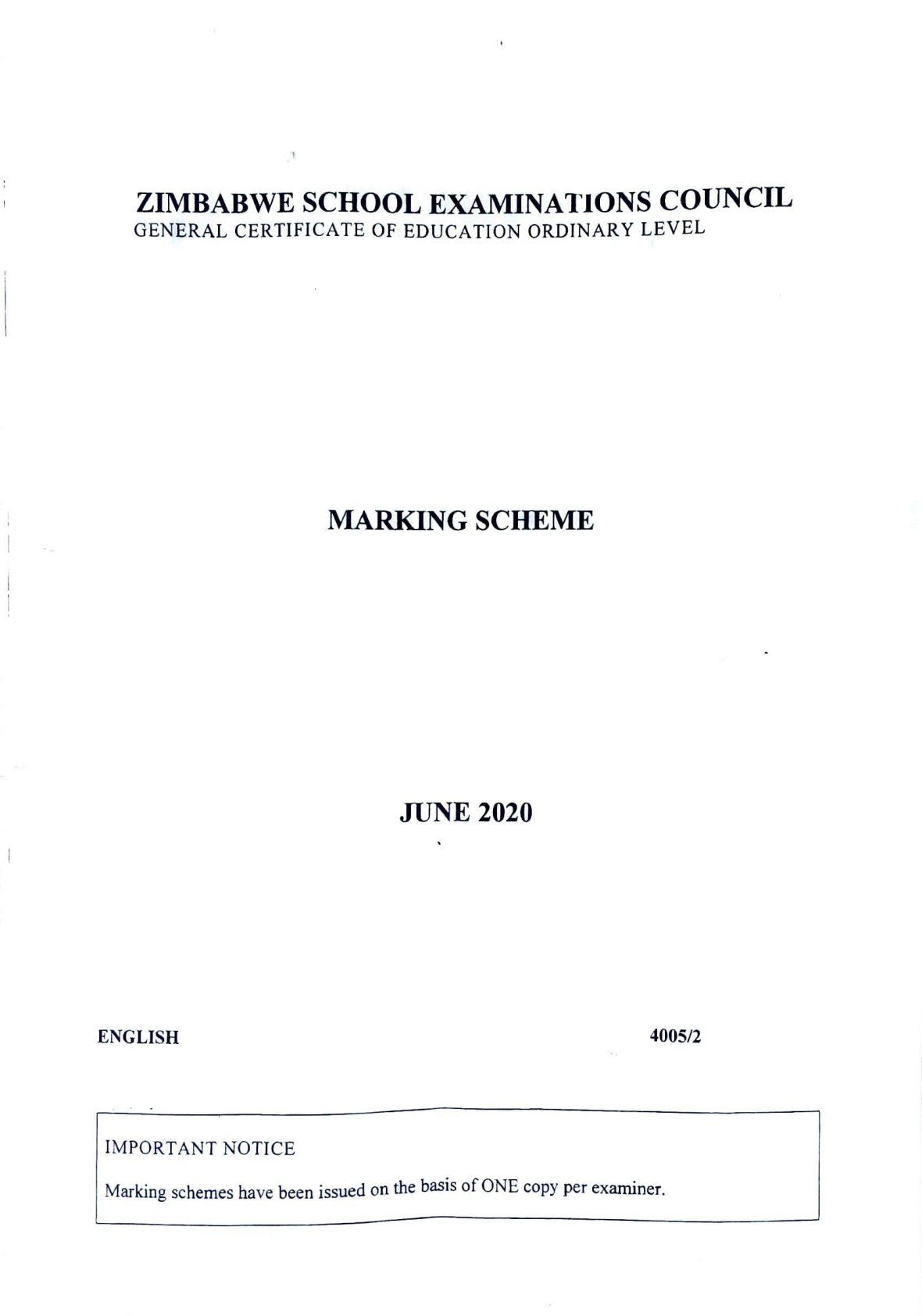 First page of ZIMSEC O-Level English Language Paper 2 June 2020 Marking Scheme