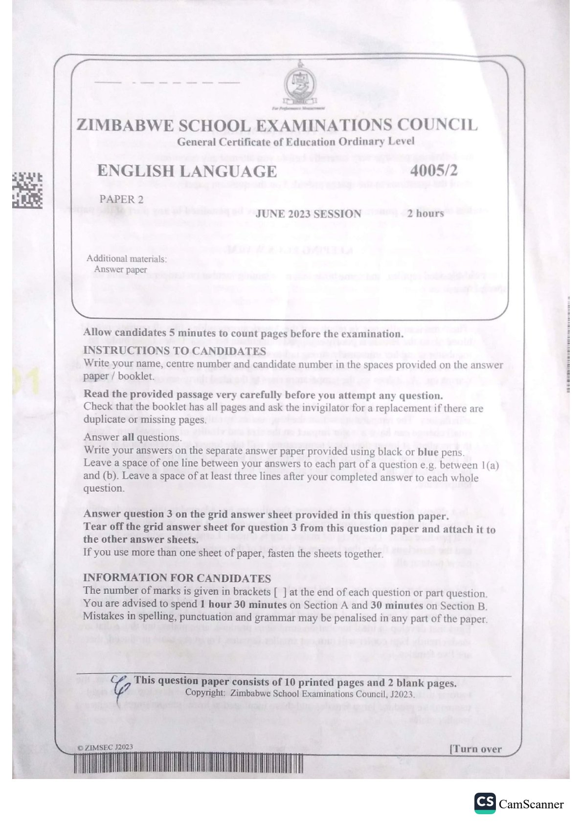 First page of ZIMSEC O-Level English Language Paper 2 June 2023 Question Paper