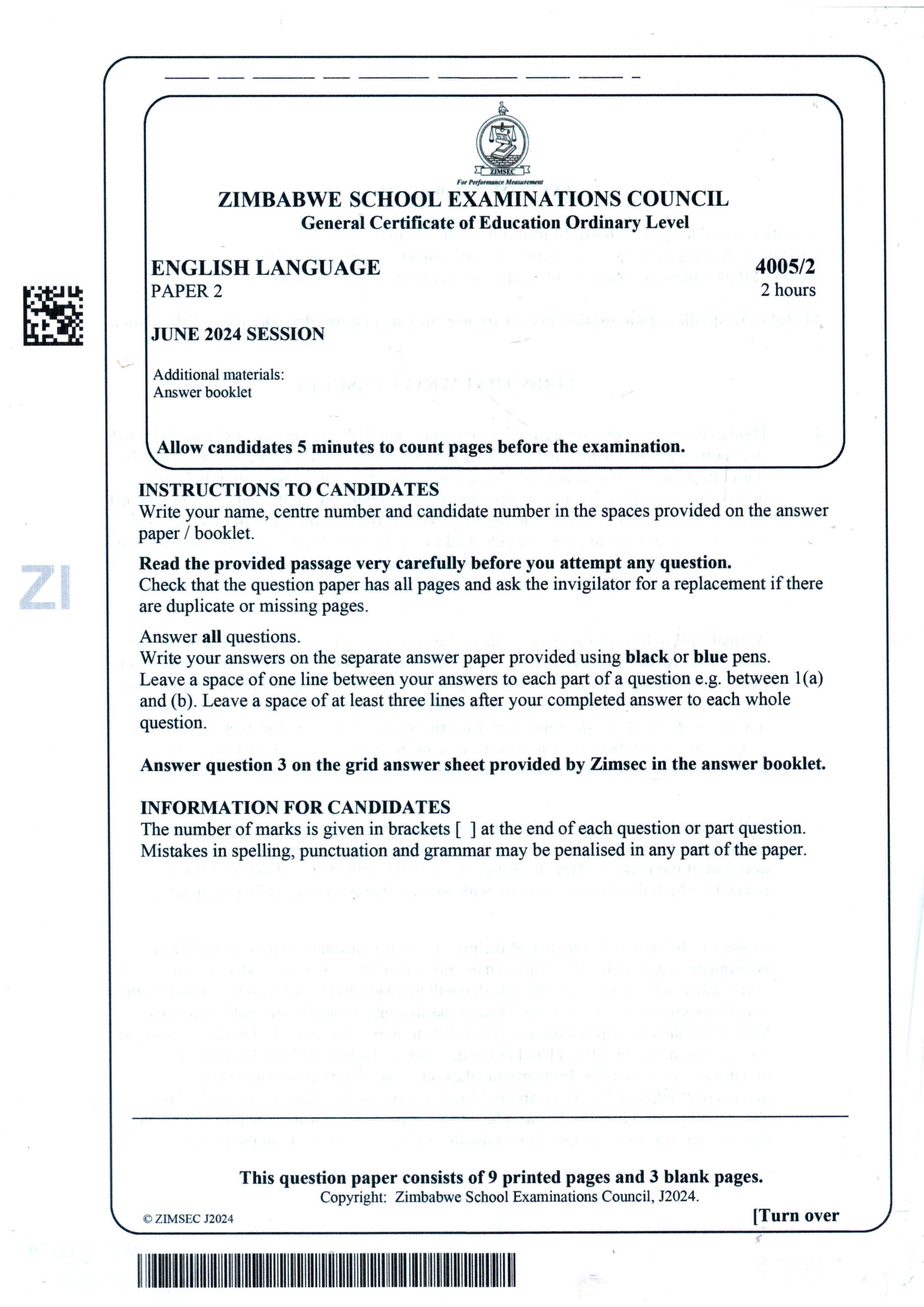 First page of ZIMSEC O-Level English Language Paper 2 June 2024 Question Paper