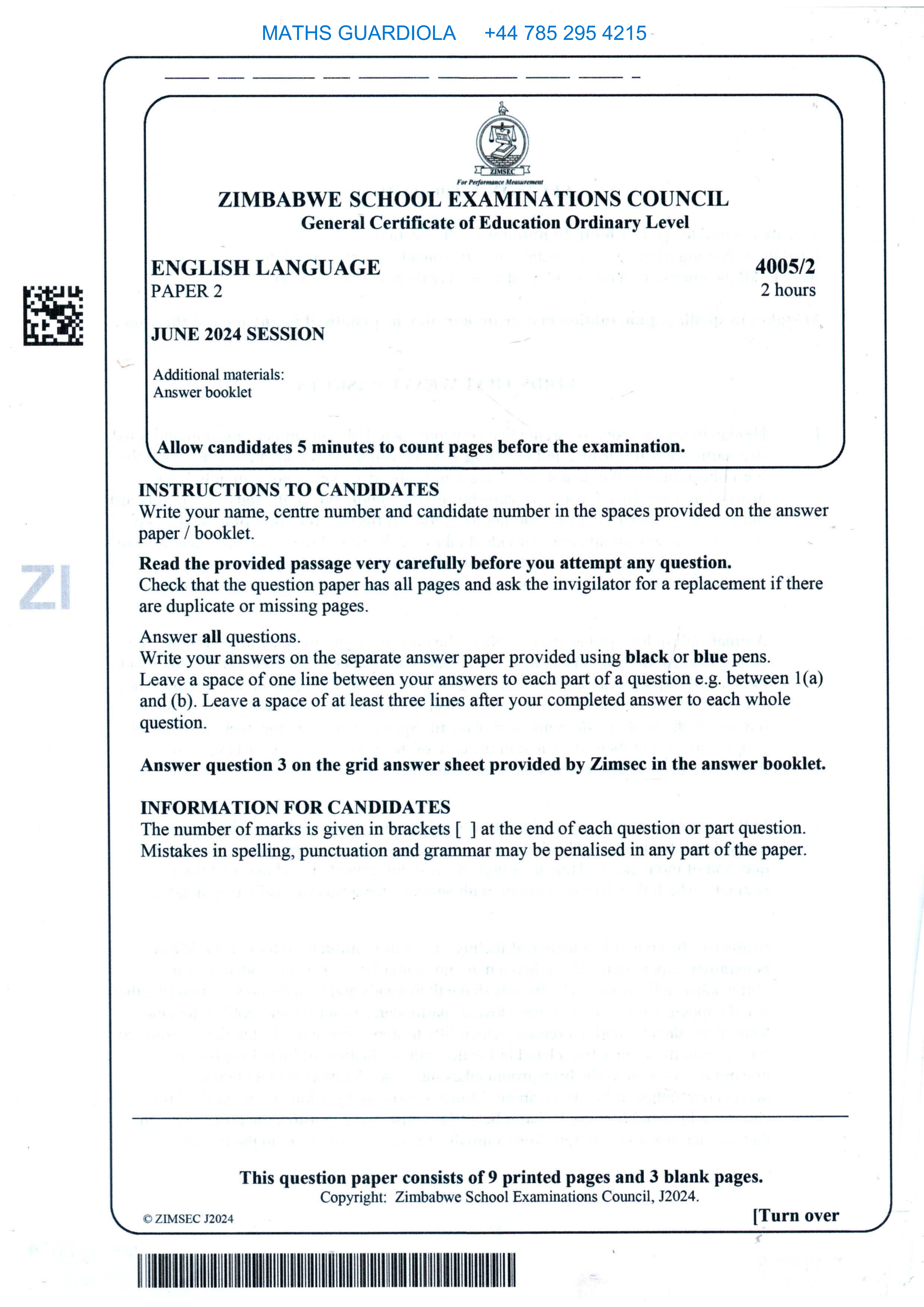 First page of ZIMSEC O-Level English Language Paper 2 June 2024 Question Paper