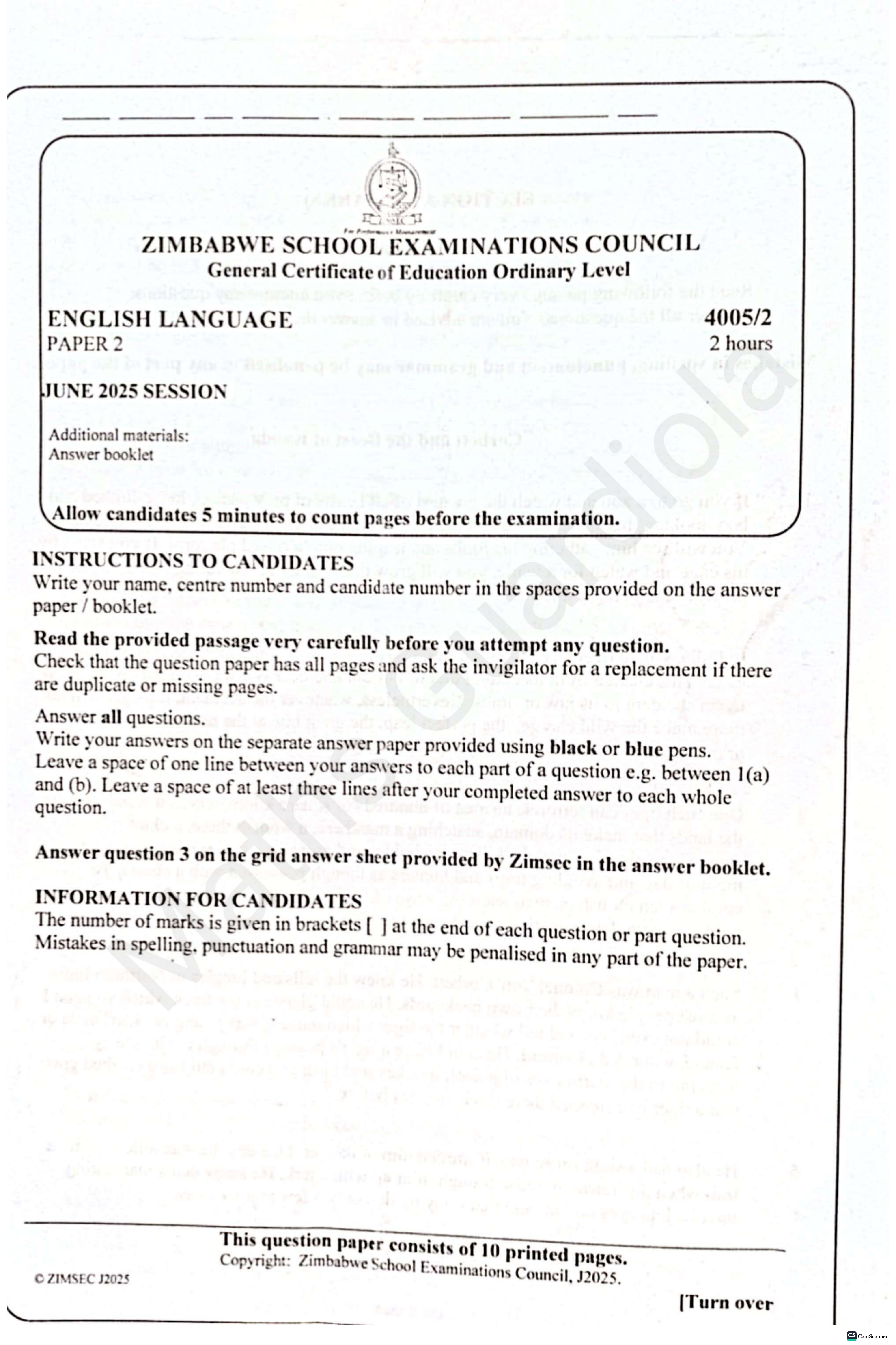 First page of ZIMSEC O-Level English Language Paper 2 June 2025 Question Paper