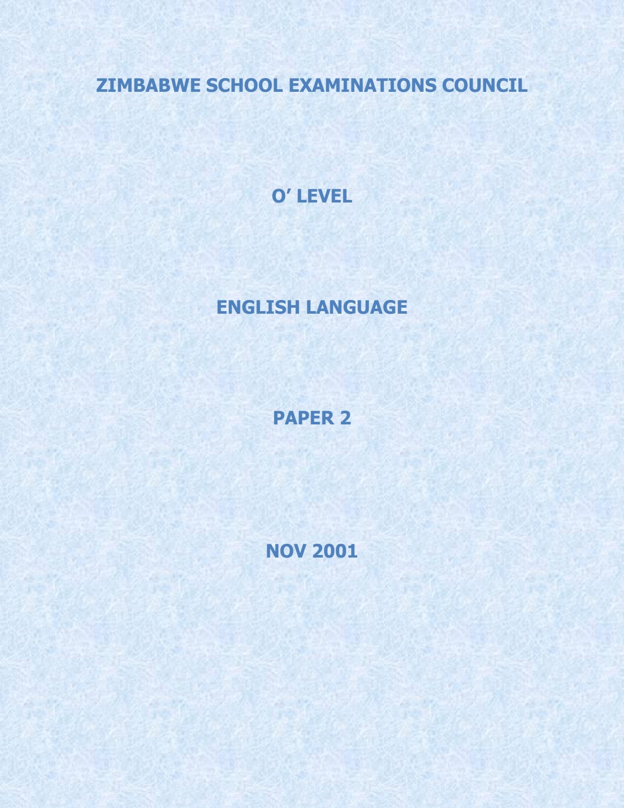 First page of ZIMSEC O-Level English Language Paper 2 November 2001 Question Paper