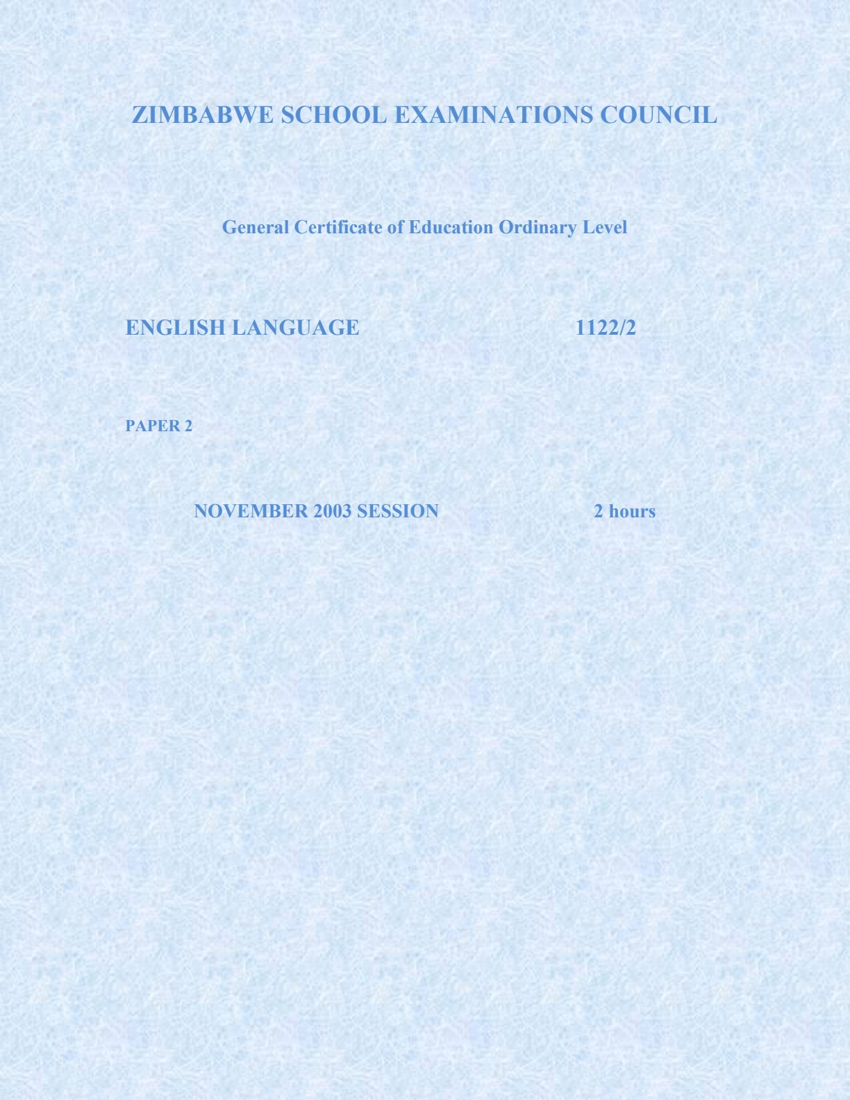 First page of ZIMSEC O-Level English Language Paper 2 November 2003 Question Paper