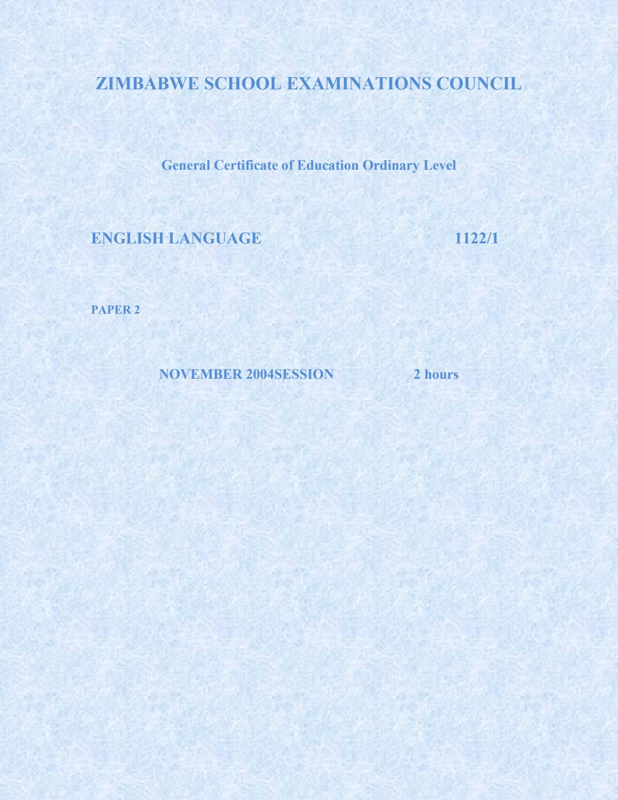 First page of ZIMSEC O-Level English Language Paper 2 November 2004 Question Paper