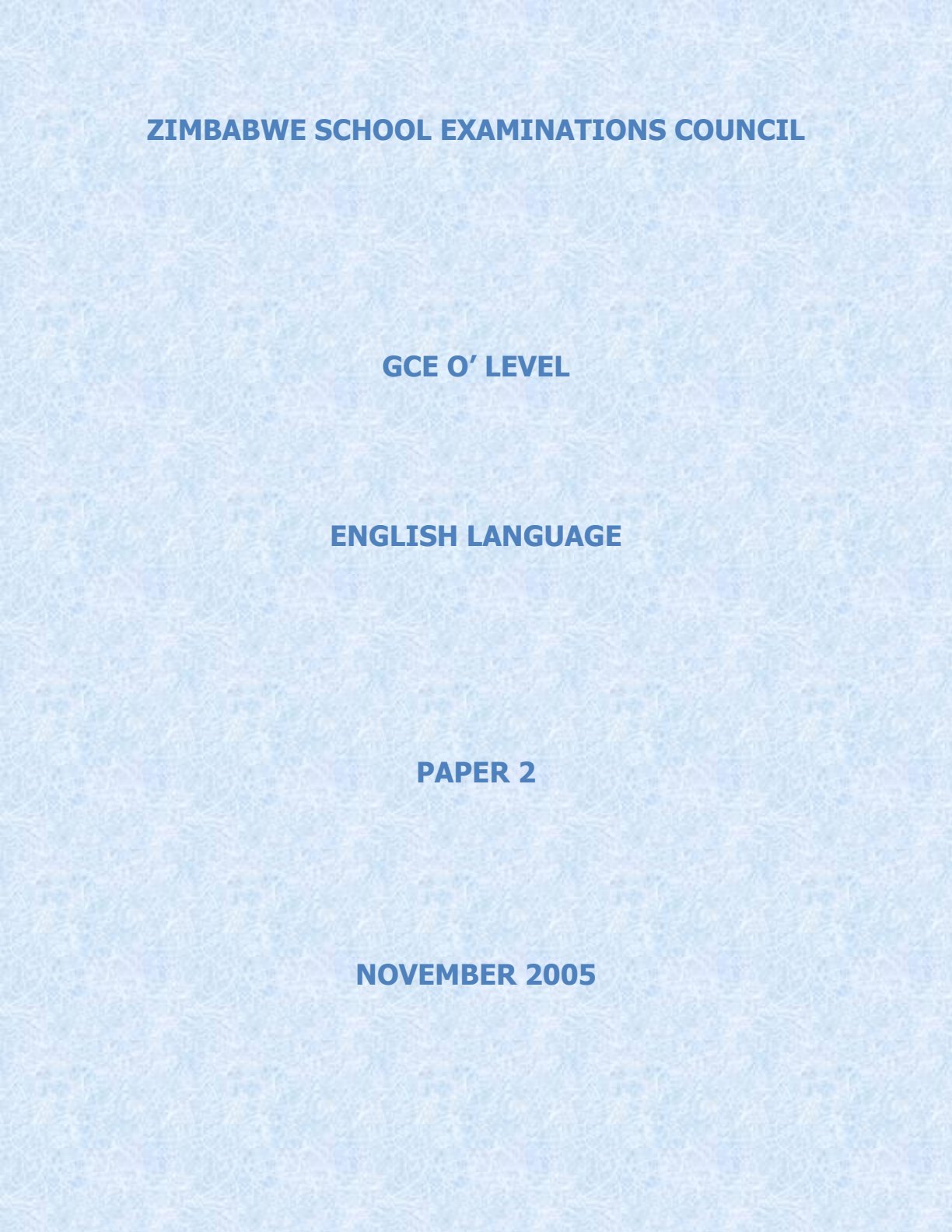 First page of ZIMSEC O-Level English Language Paper 2 November 2005 Question Paper