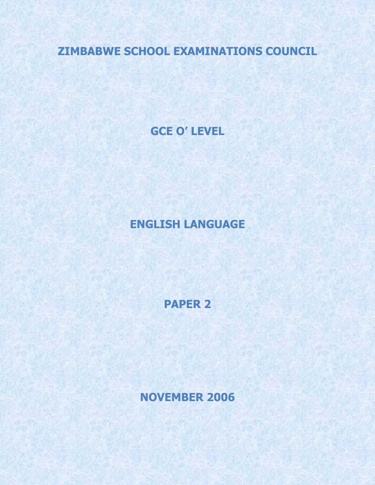 First page of ZIMSEC O-Level English Language Paper 2 November 2006 Question Paper